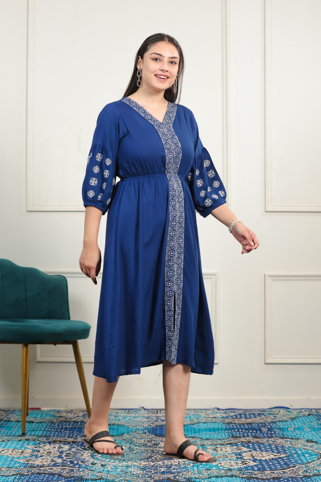 Royal Blue Rayon with White Thread Work Midi Dress