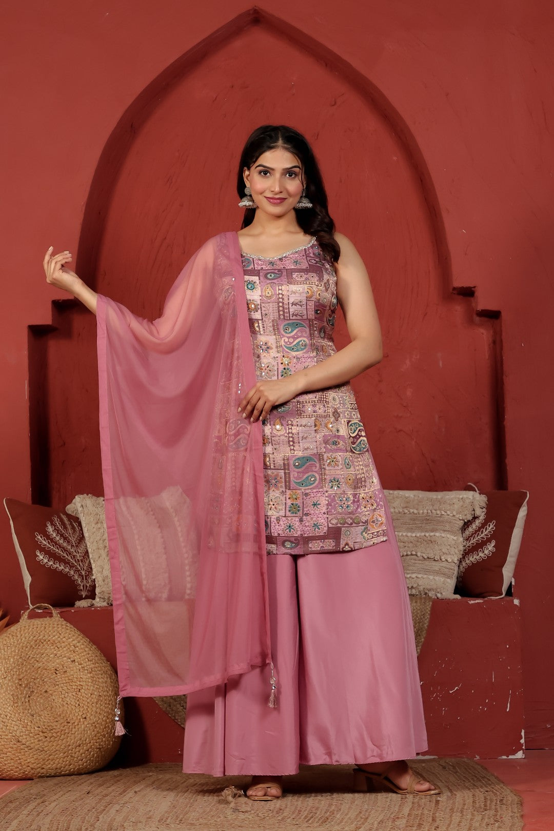 Pink Banarasi Silk Printed Suit, Sharara & Net Dupatta