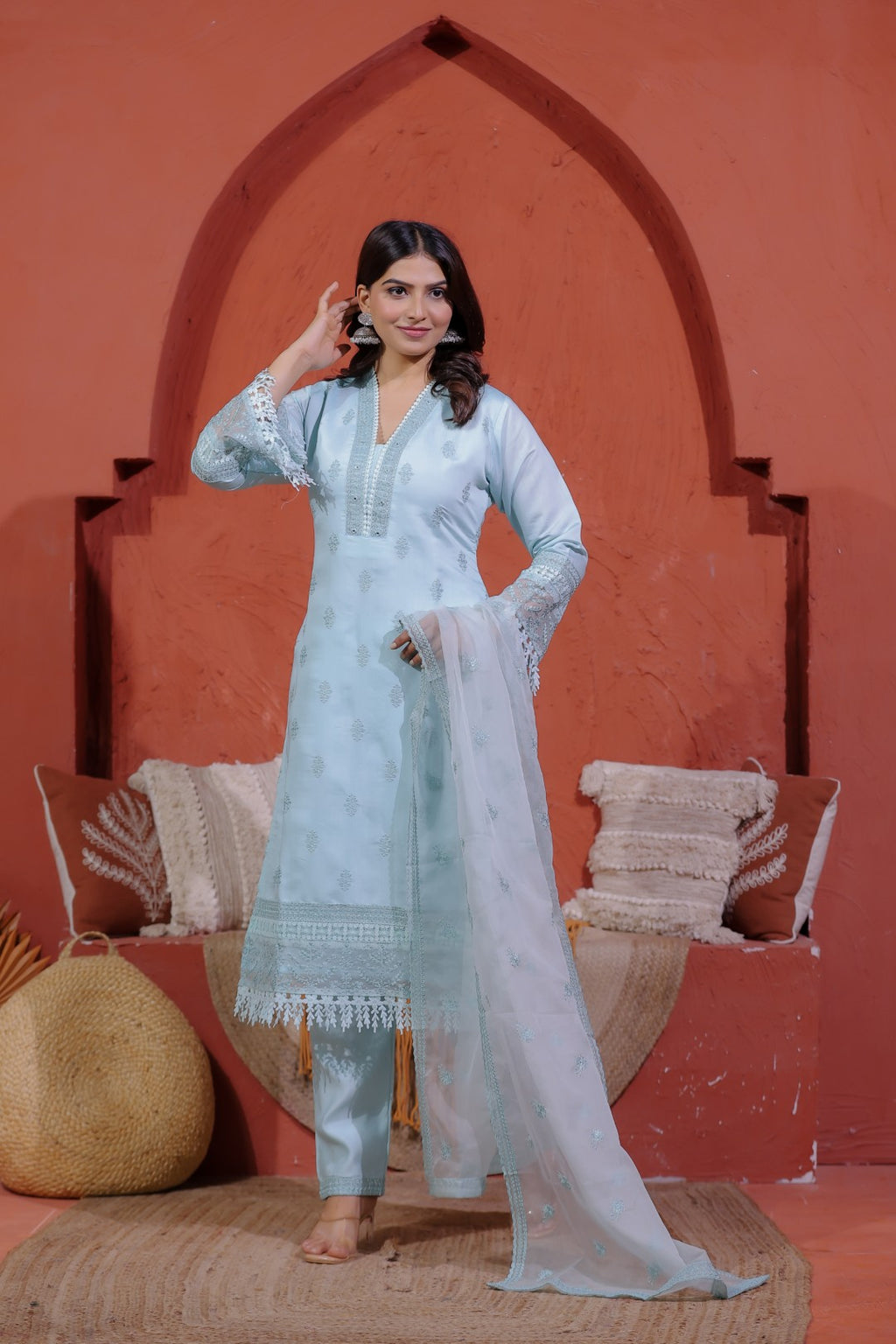 Sky Blue Muslin Silk Suit with Thread Embroidery, Bottom & Dupatta