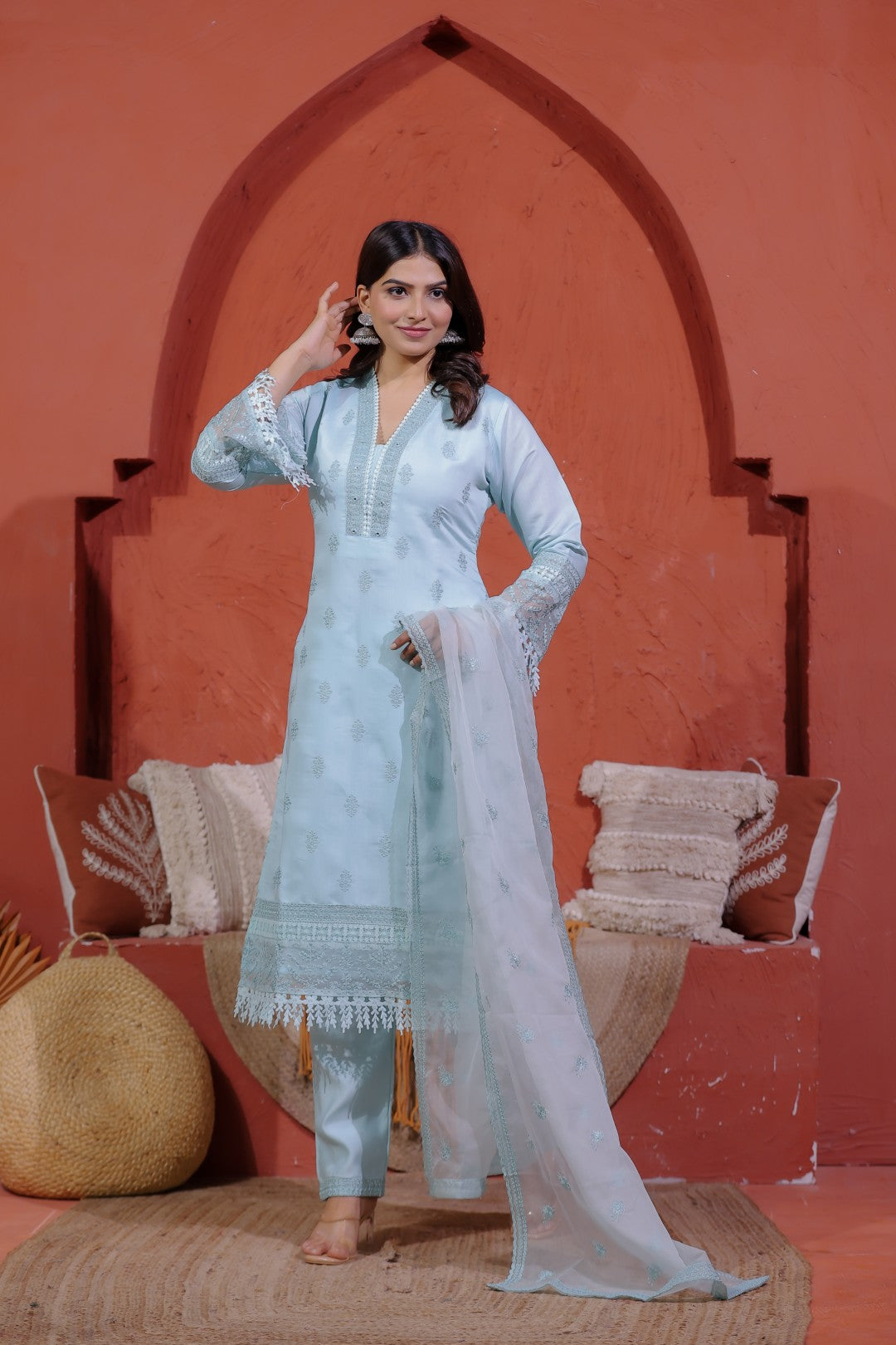 Sky Blue Muslin Silk Suit with Thread Embroidery, Bottom & Dupatta
