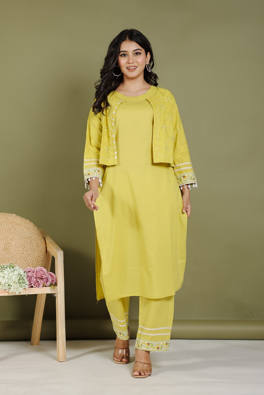 Neon Cotton Suit with Thread Embroidery and Jacket with Thread Embroidery