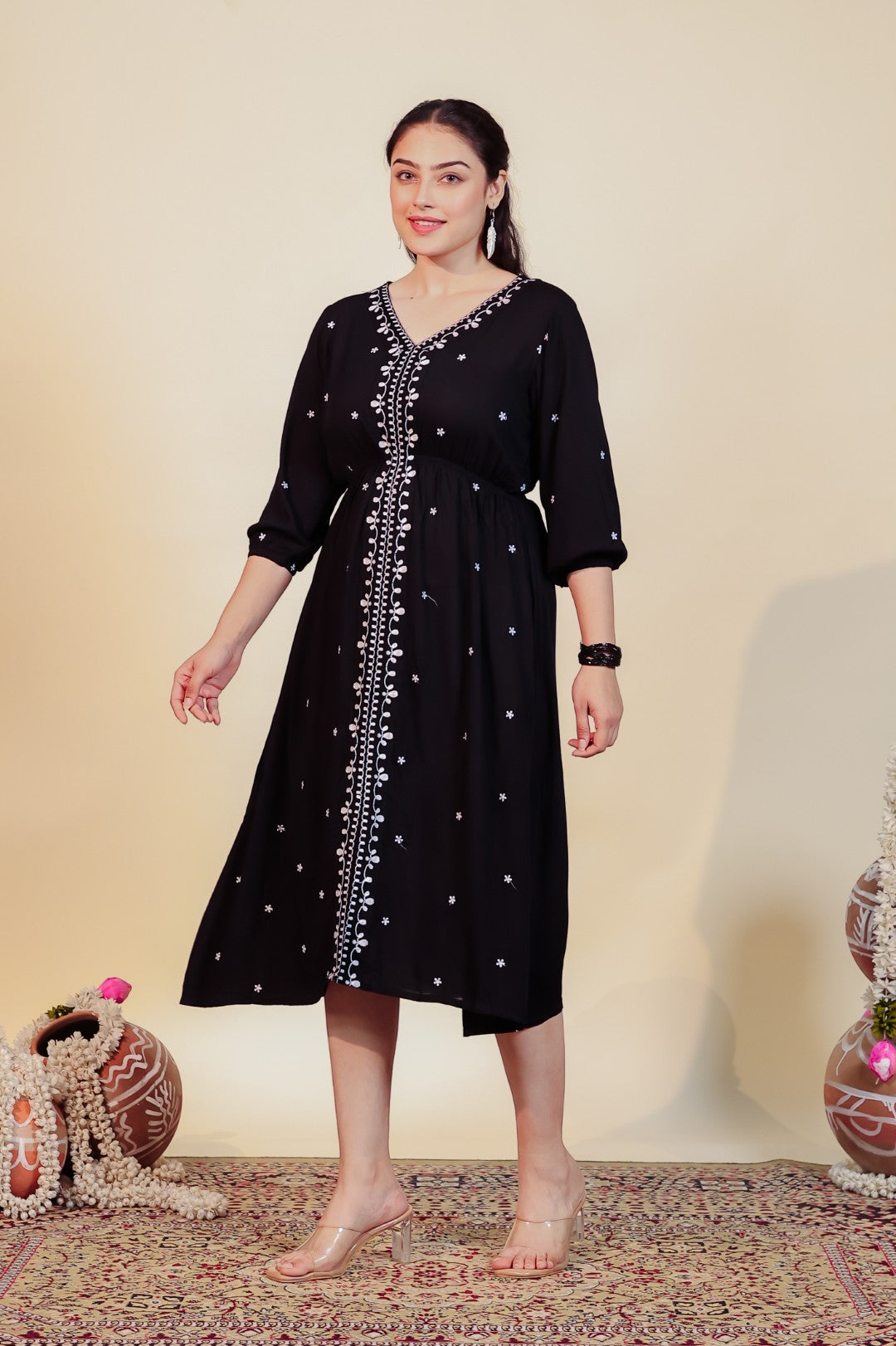 Black Rayon with White Thread Work Midi Dress
