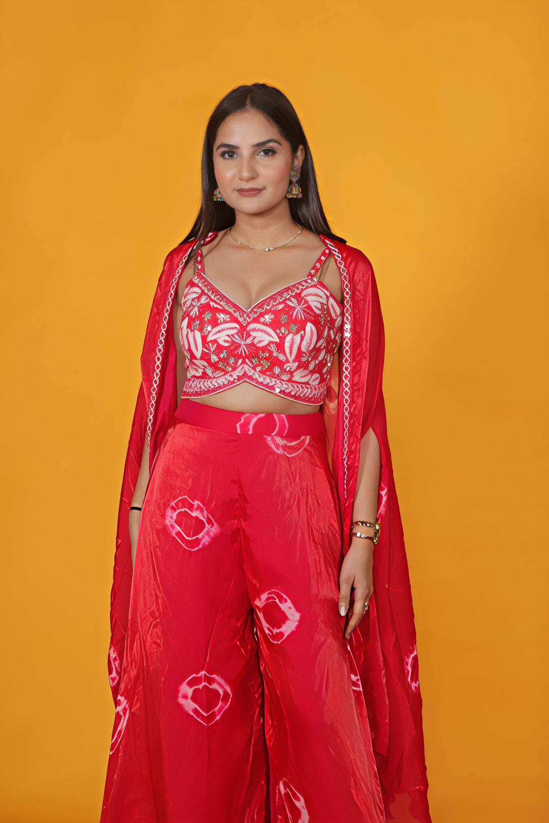 Rani Pink Silk Handwork Blouse with Printed Sharara & Shrug