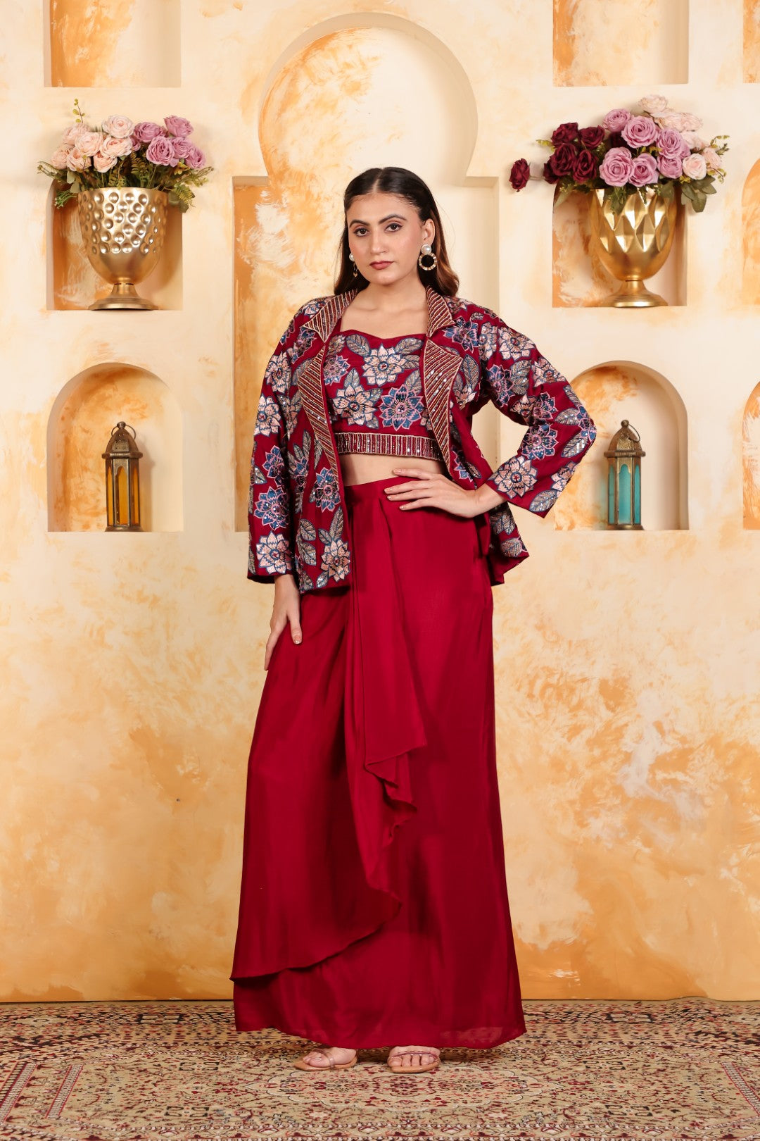Maroon Chinon Silk Blouse with Thread & Sequence Work, Jacket & Dhoti