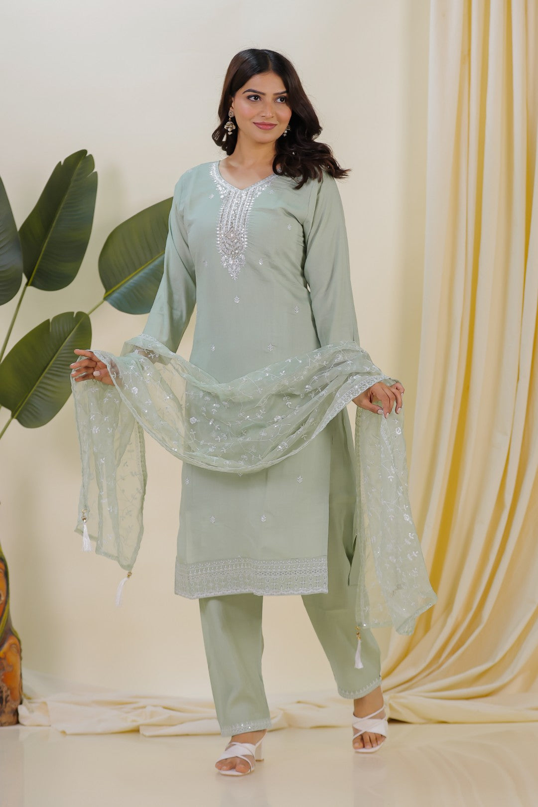 Pista Green Muslin Suit with Thread Work, Straight Pant & Dupatta