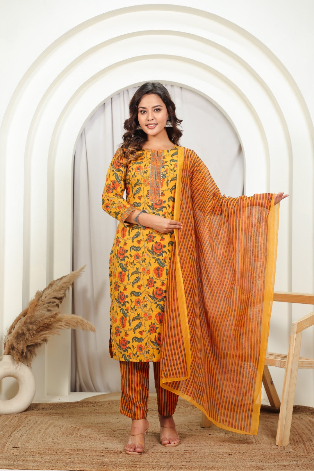 Mustard Yellow Slub Cotton Floral Printed Suit, Bottom & Dupatta