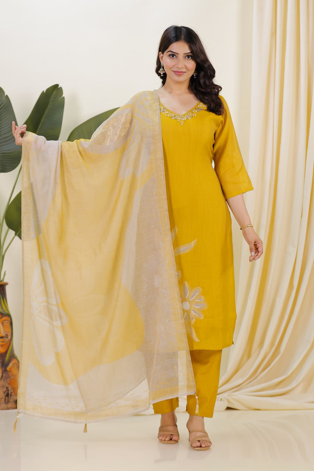 Yellow Chanderi Silk Suit with Banarasi Floral Print, Bottom & Dupatta