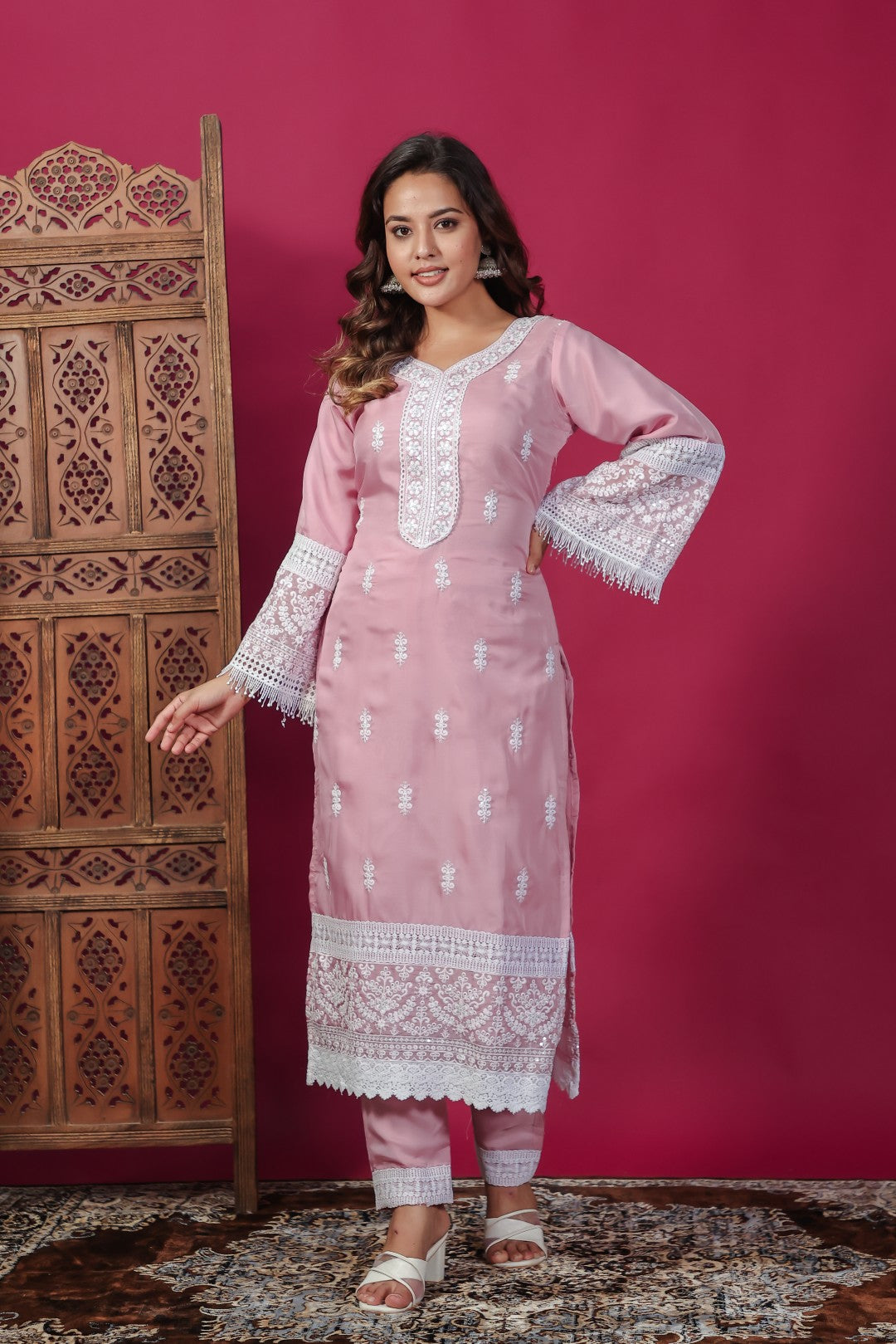 Baby Pink Organza Suit with Thread  Work, Bottom & Dupatta