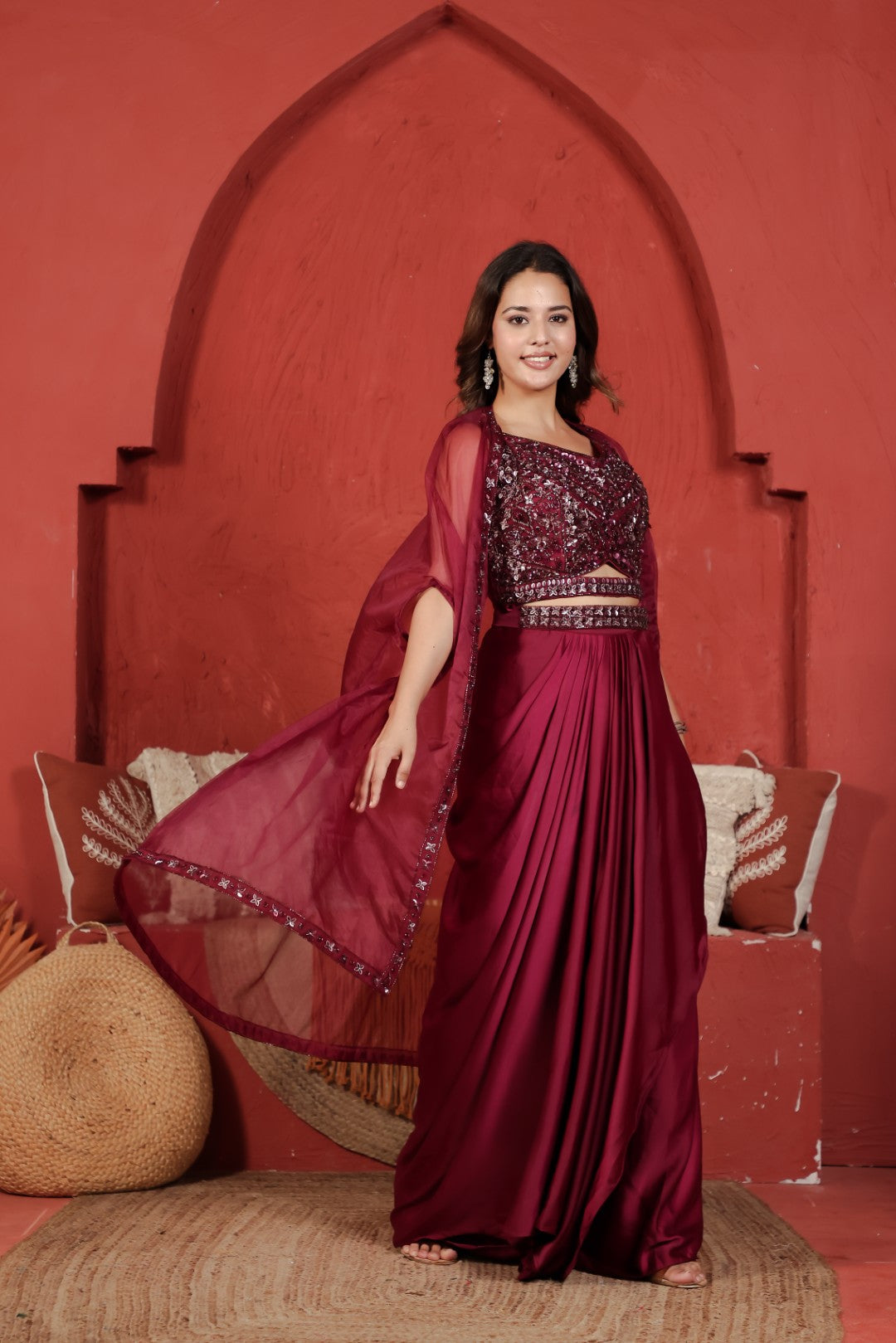 Maroon Satin Silk Dhoti Set with Handwork Blouse, Shrug & Belt