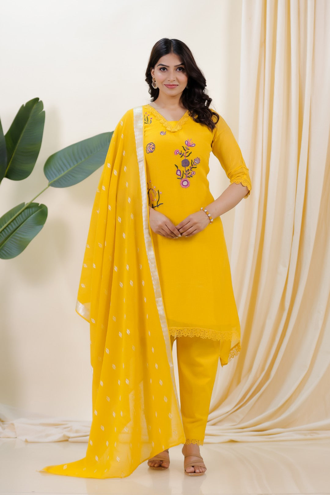 Yellow Mosh Chanderi Suit with Kashmiri Work, Pant & Dupatta