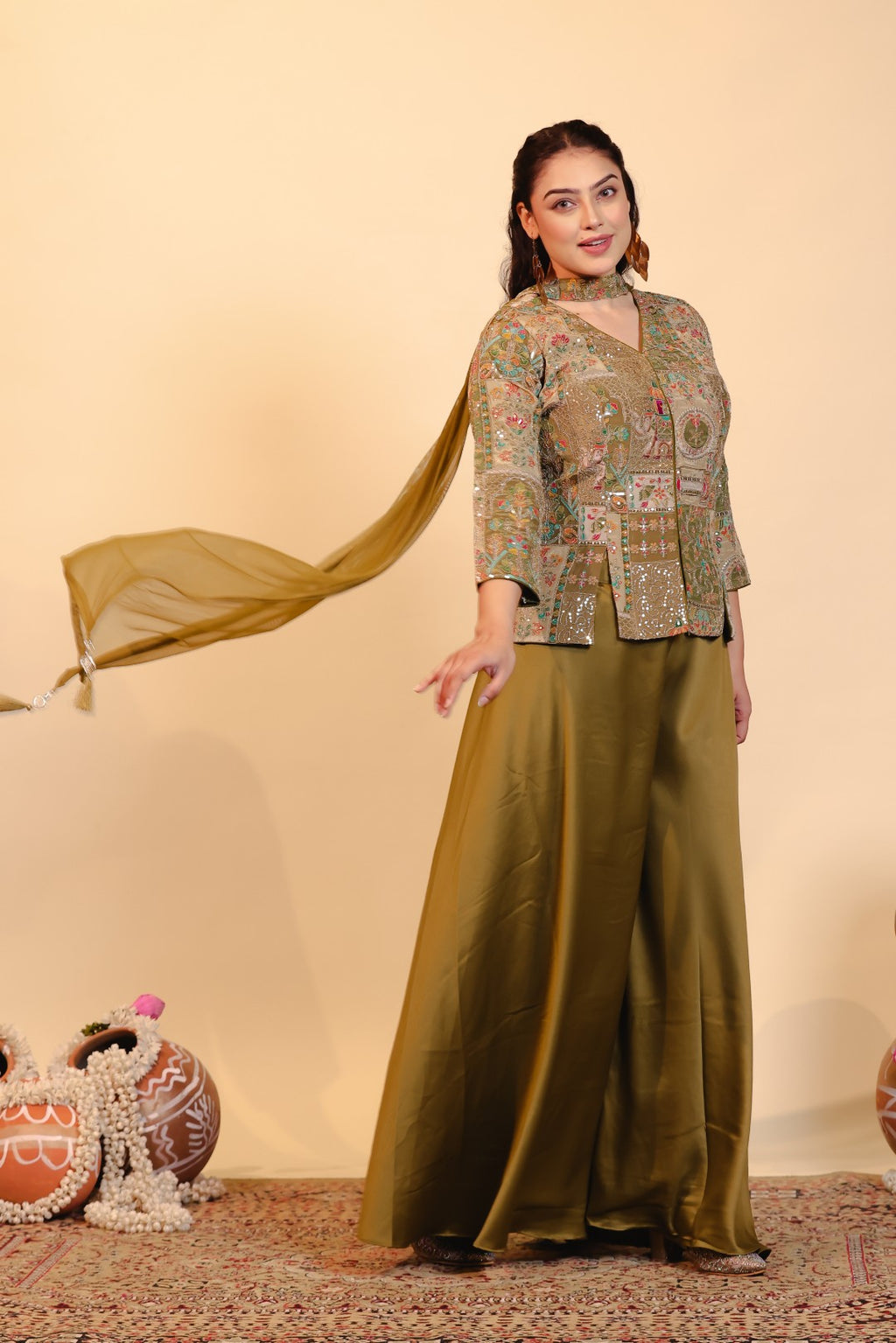 Mehendi Green HO Silk Top with Position Prints & Zari Work, Sharara & Dupatta