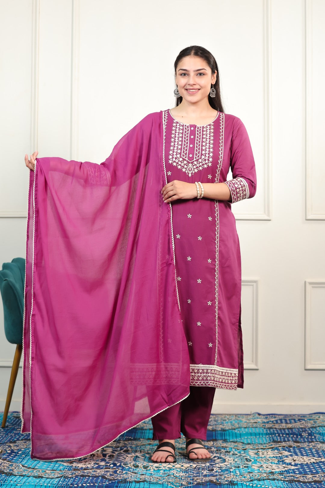 Purple Pink Cotton Suit with Fine Thread Work, Bottom & Dupatta