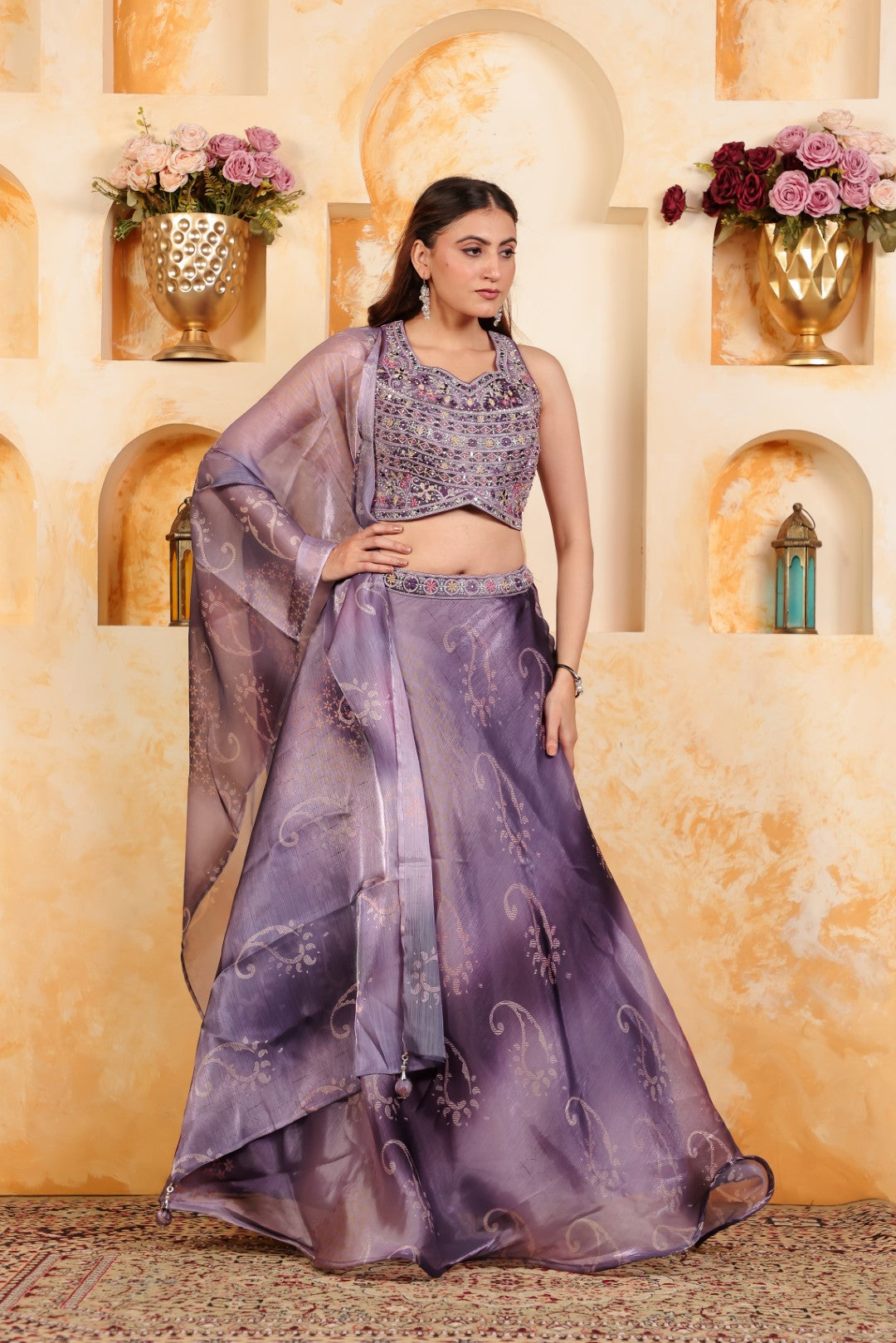 Purple Jimmy Choo Blouse with Digital Print & Zari Work, Lehenga & Dupatta