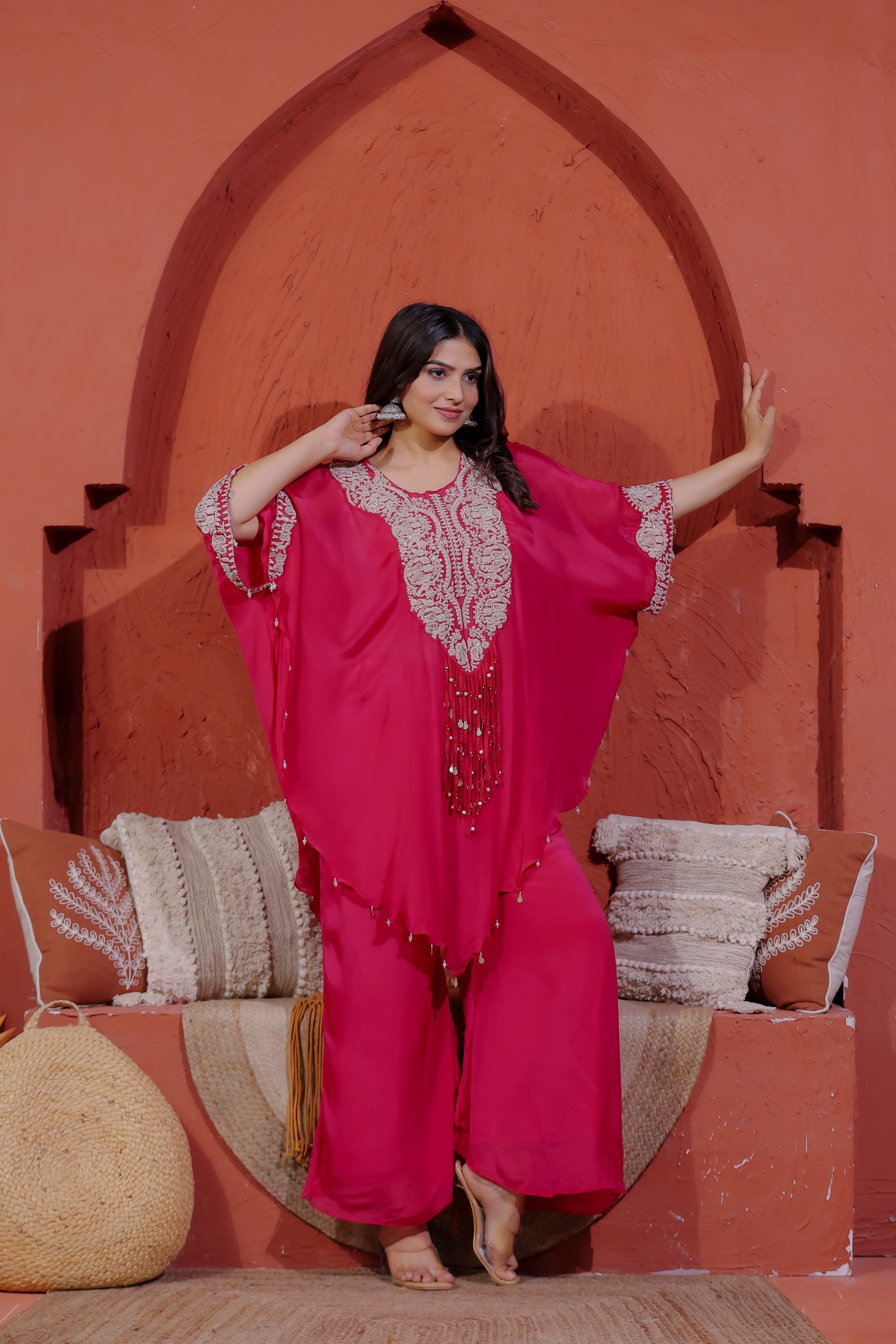 Rani Pink Chinon Silk Kaftan with Thread Embroidery, Blouse & Palazzo