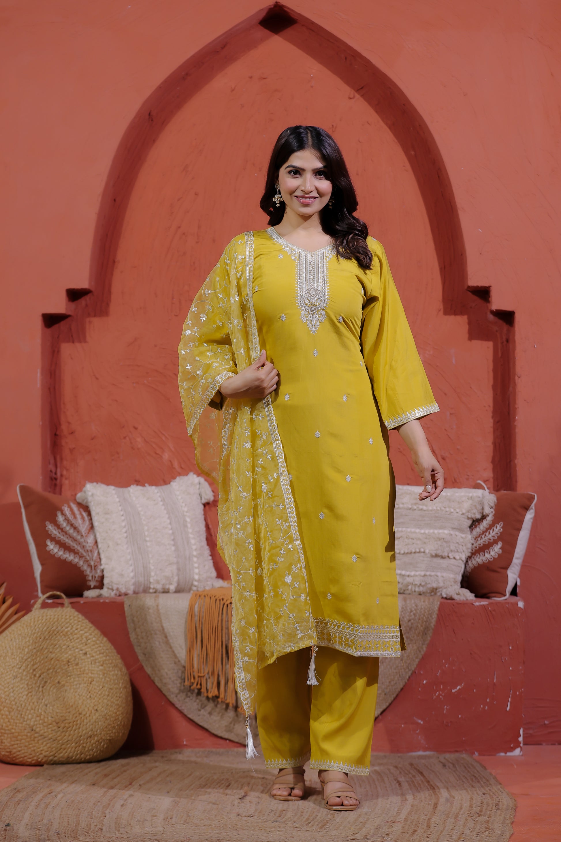 Mustard Yellow Muslin Suit with Thread Work, Straight Pant & Dupatta