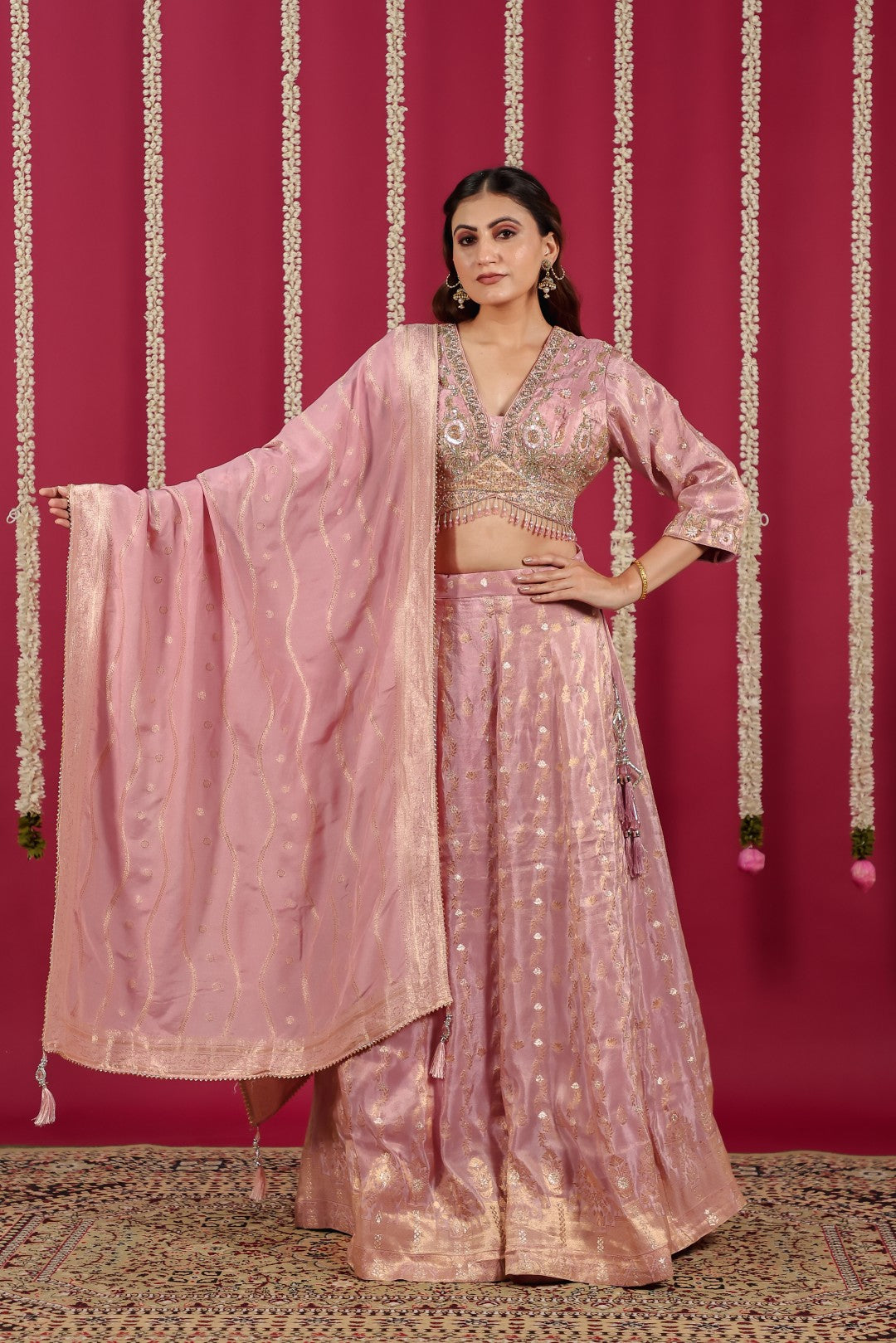Pink Mosh Silk Banarsi Handwork Lehenga with Blouse & Dupatta