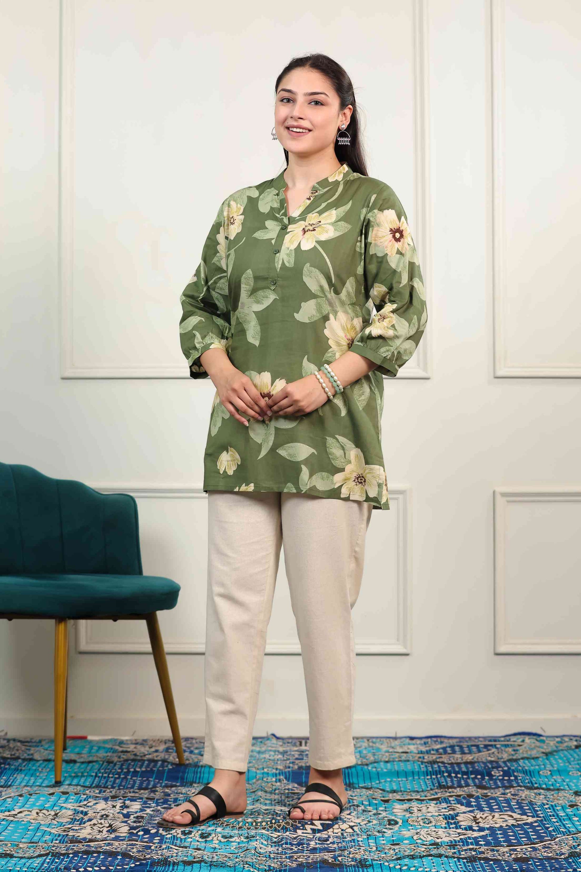 Green Cambric Cotton with Flower Printed Short Kurti