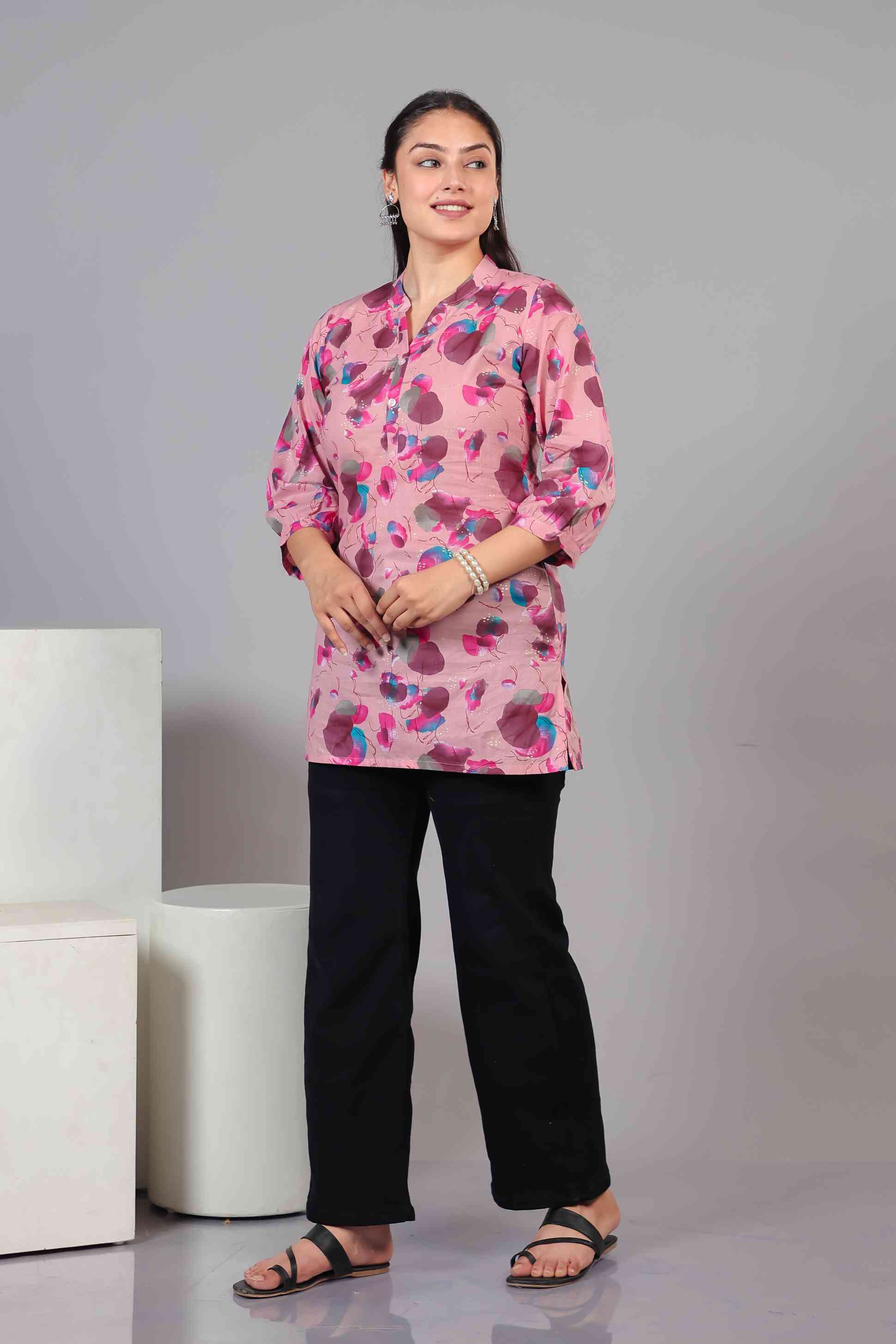 Pink Cambric Cotton Printed Top