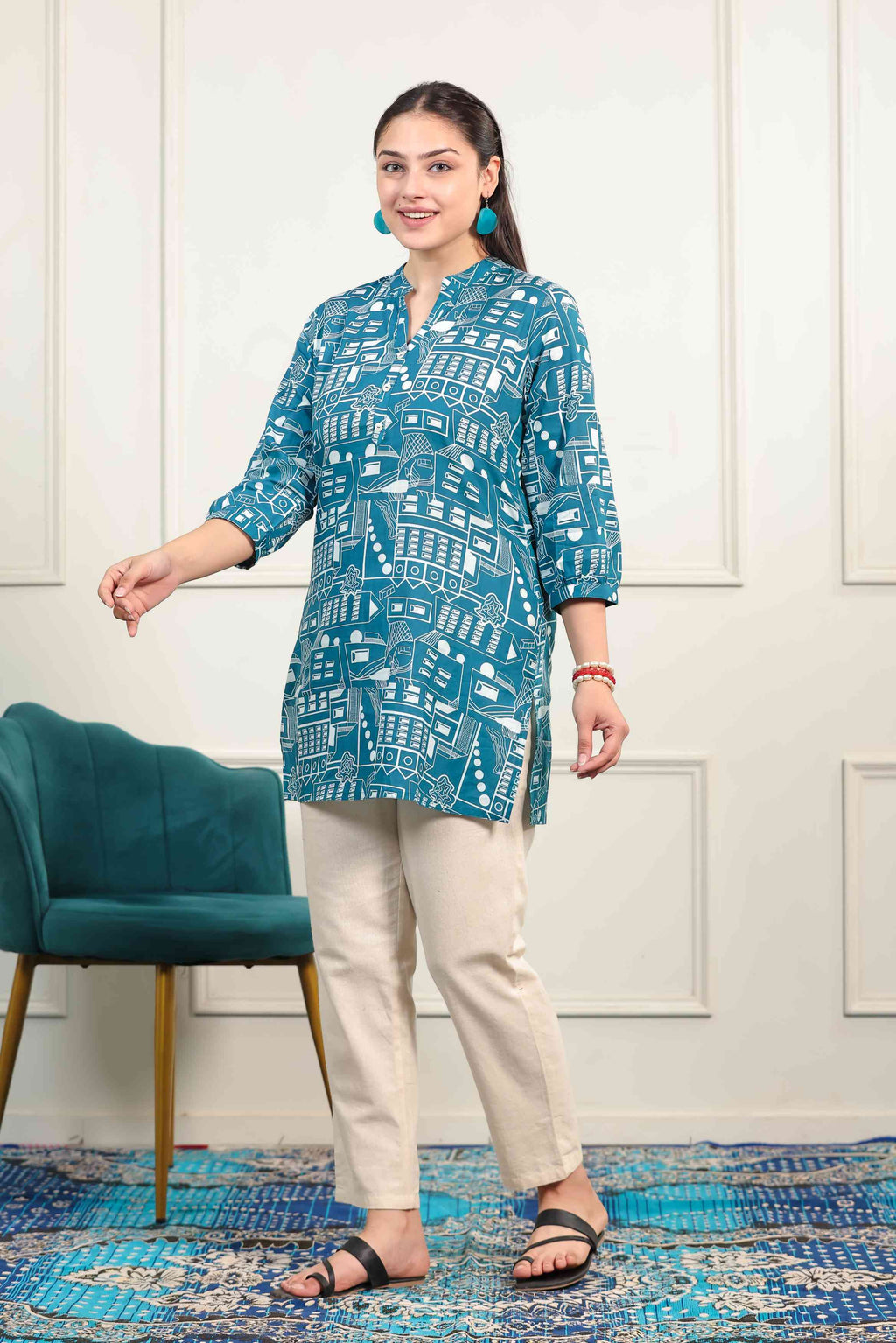Teal Blue Cambric Cotton Printed Short Kurti