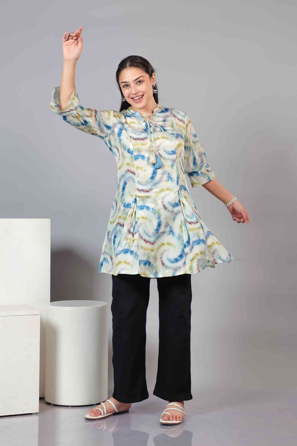 Multicolor Crepe Silk Printed Short Kurti