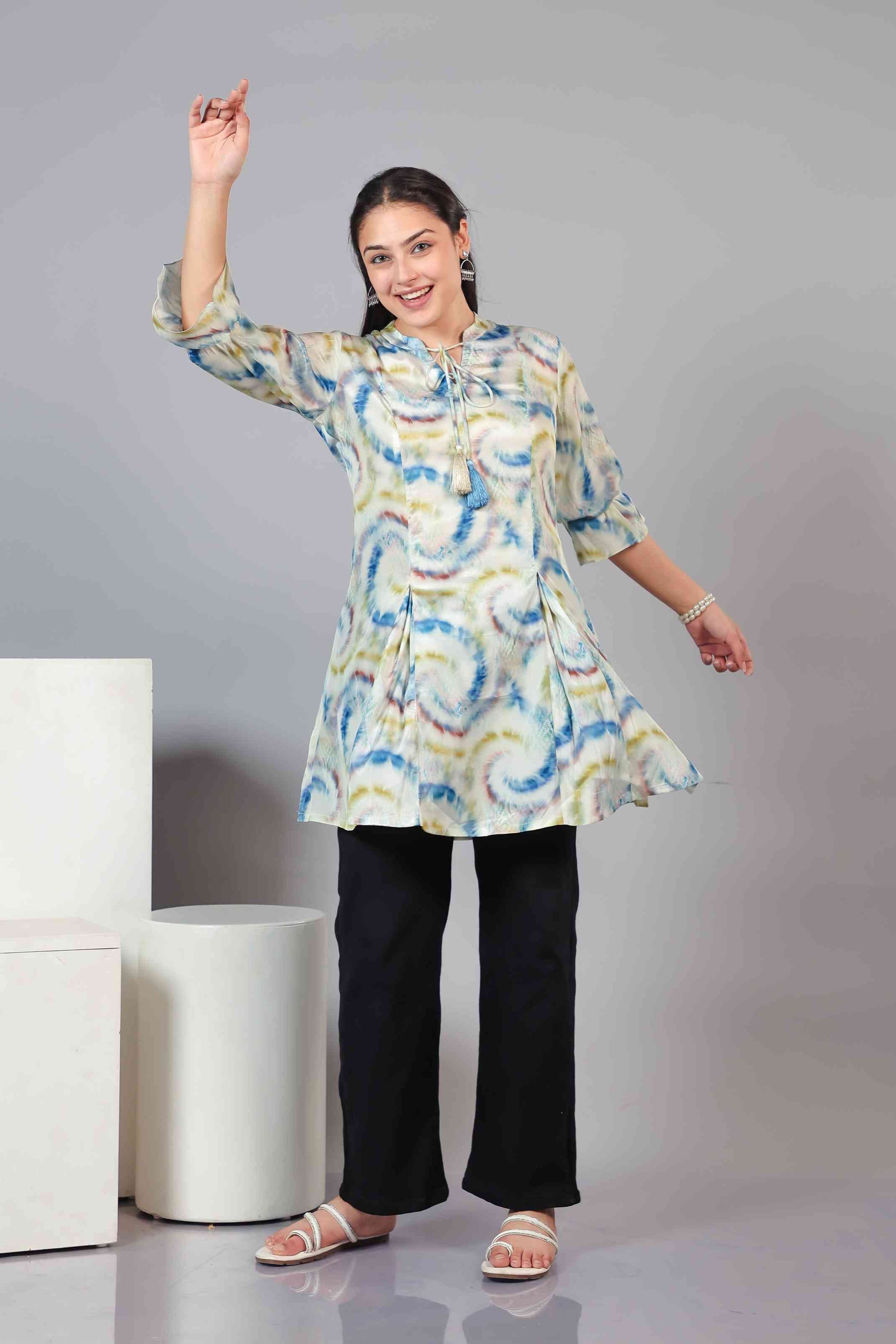 Multicolor Crepe Silk Printed Short Kurti