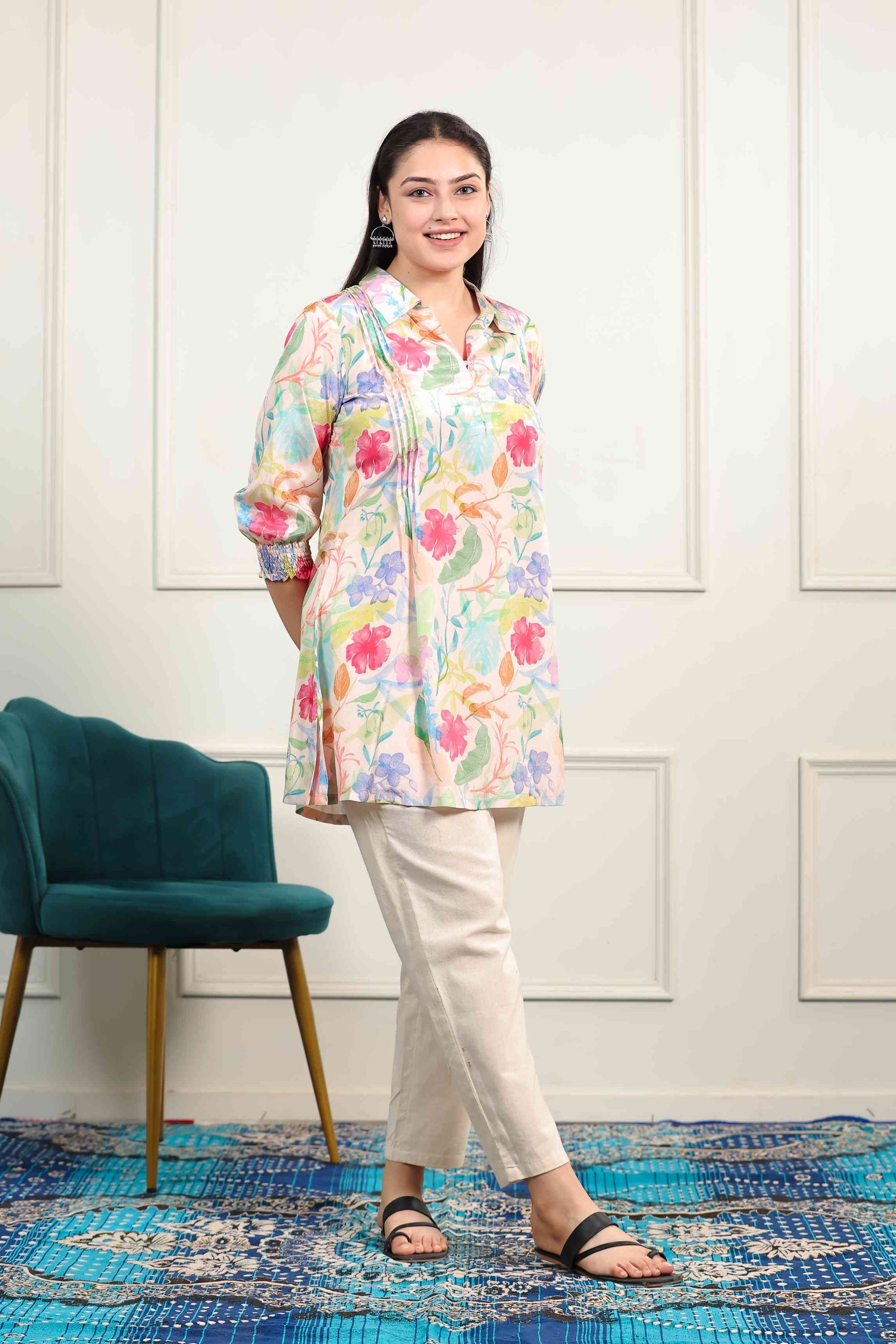 Peach Crepe Multicolor Floral Printed Short Kurti