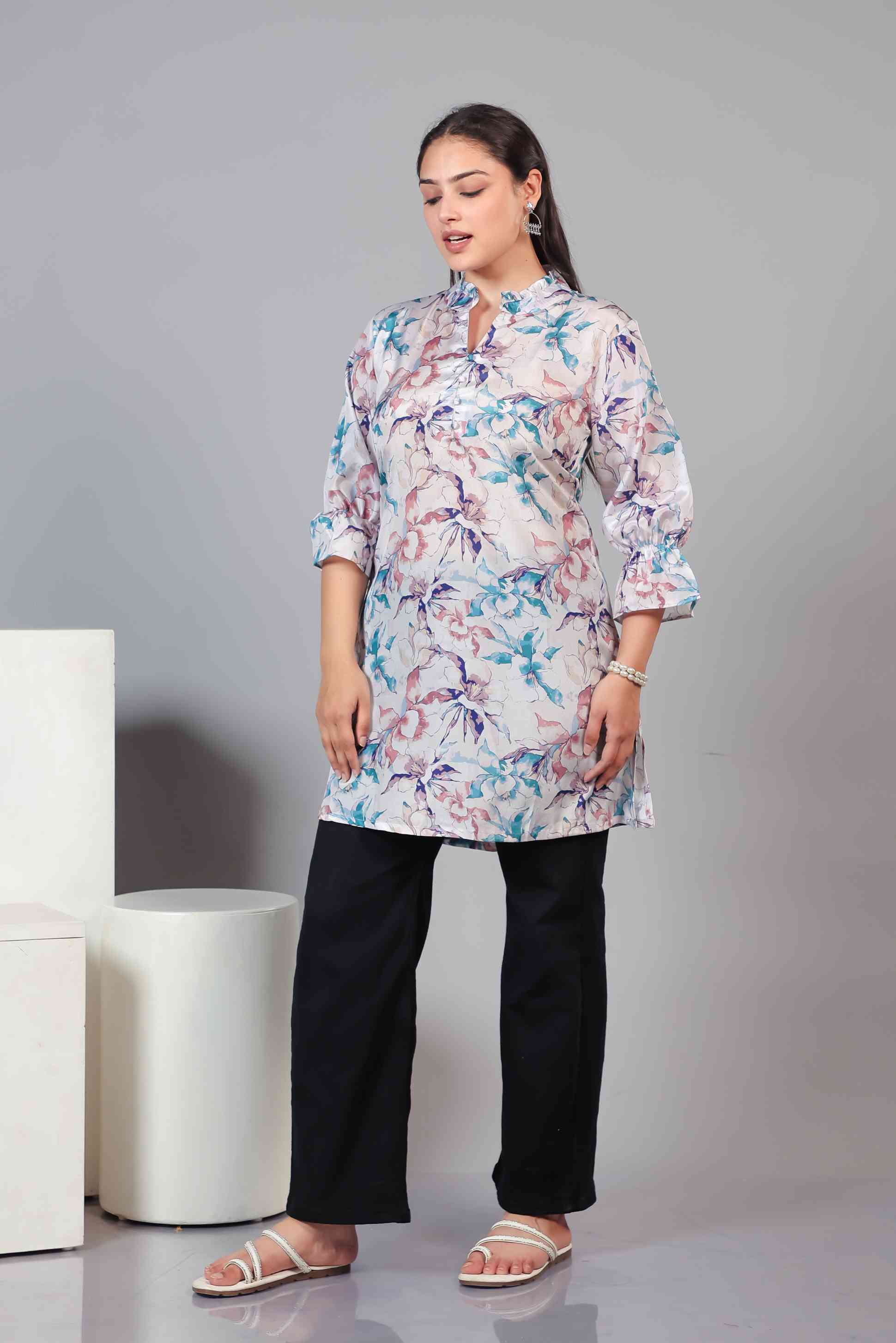 Silver Offwhite Crepe Multicolor Printed Short Kurti