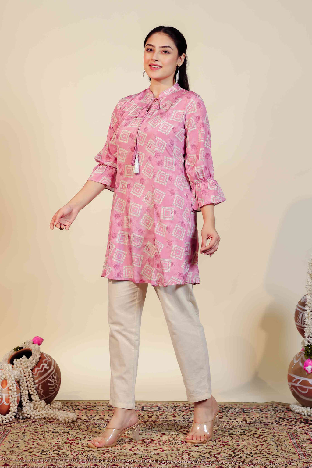 Metallic Pink Crepe Jaipuri Printed Top