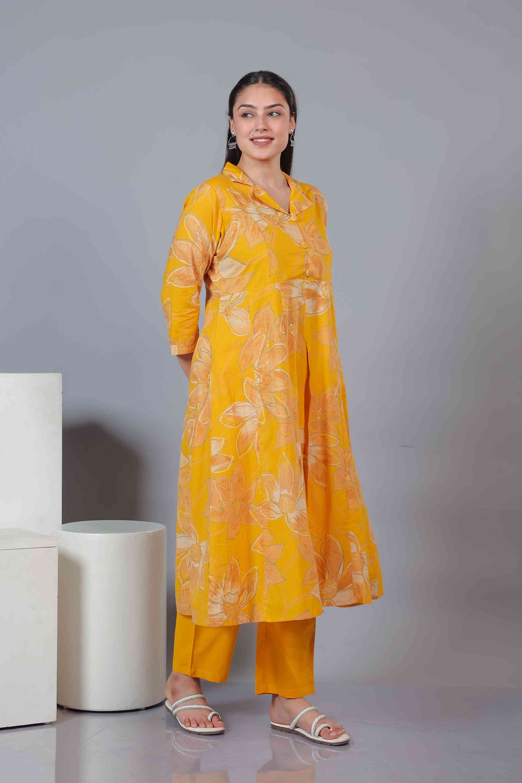 Yellow Cambric Cotton Floral Printed Co-ord Set