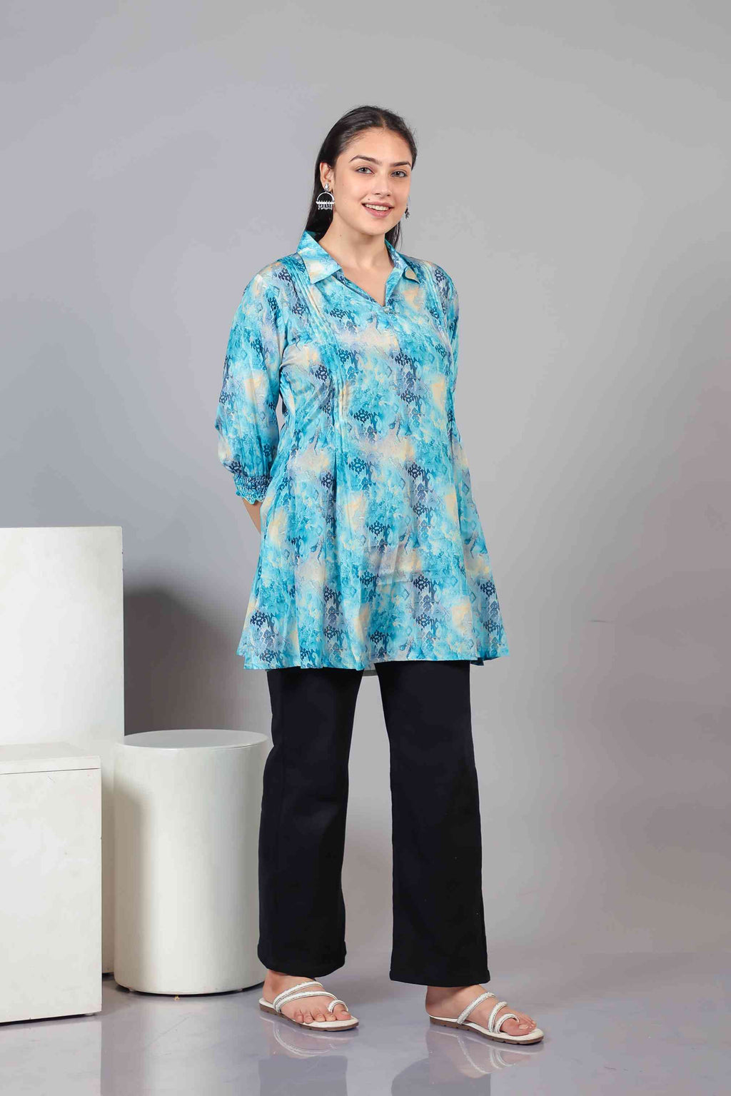 Rama Blue Crepe Printed Short Kurti