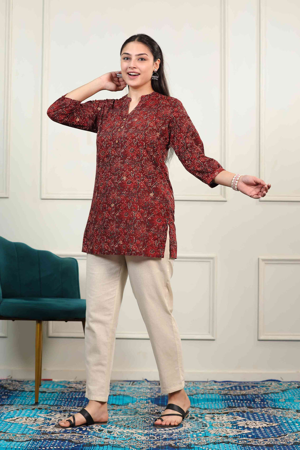 Maroon Cambric Cotton Printed Top