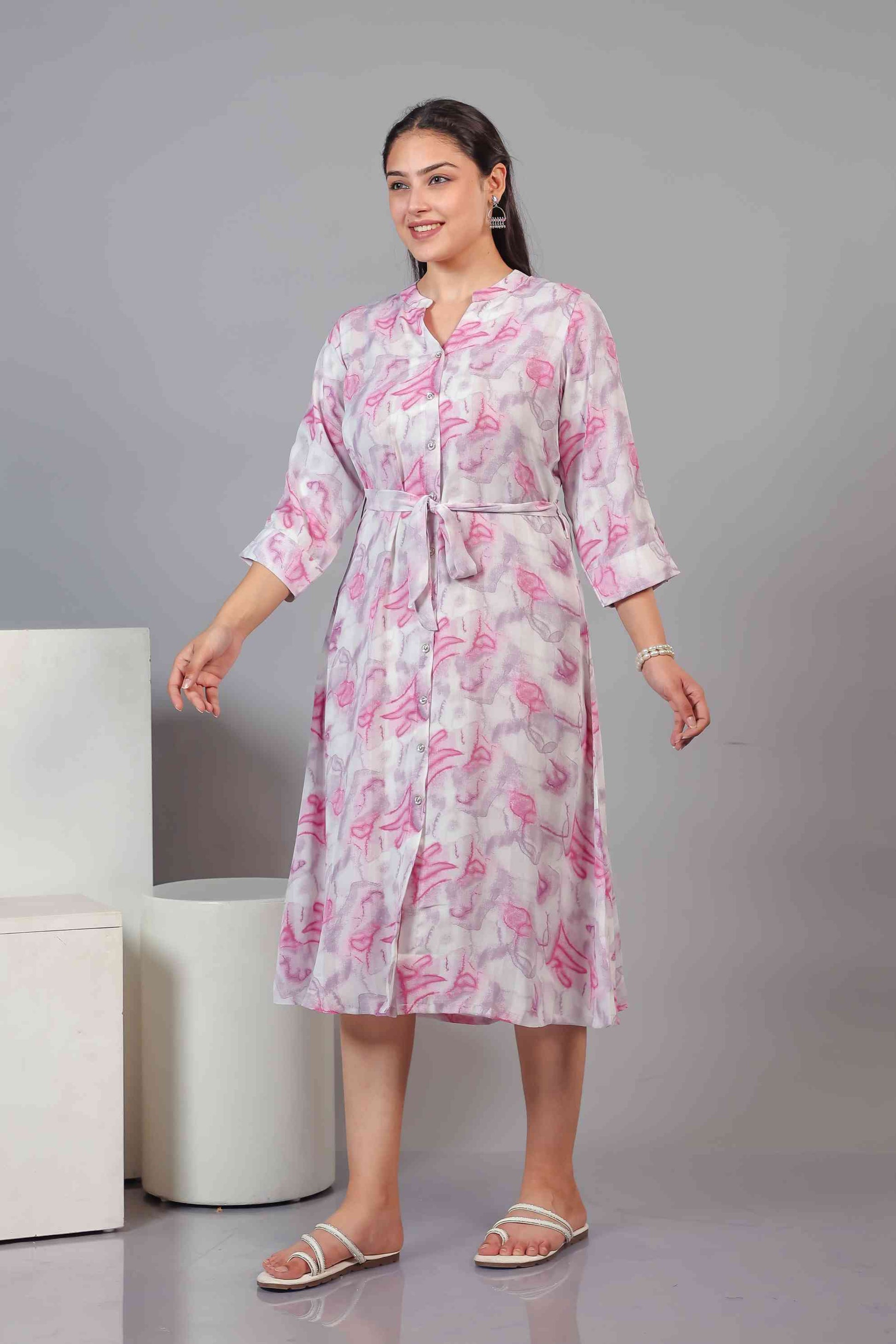 White Lycra with Baby Pink Printed Maxi Dress