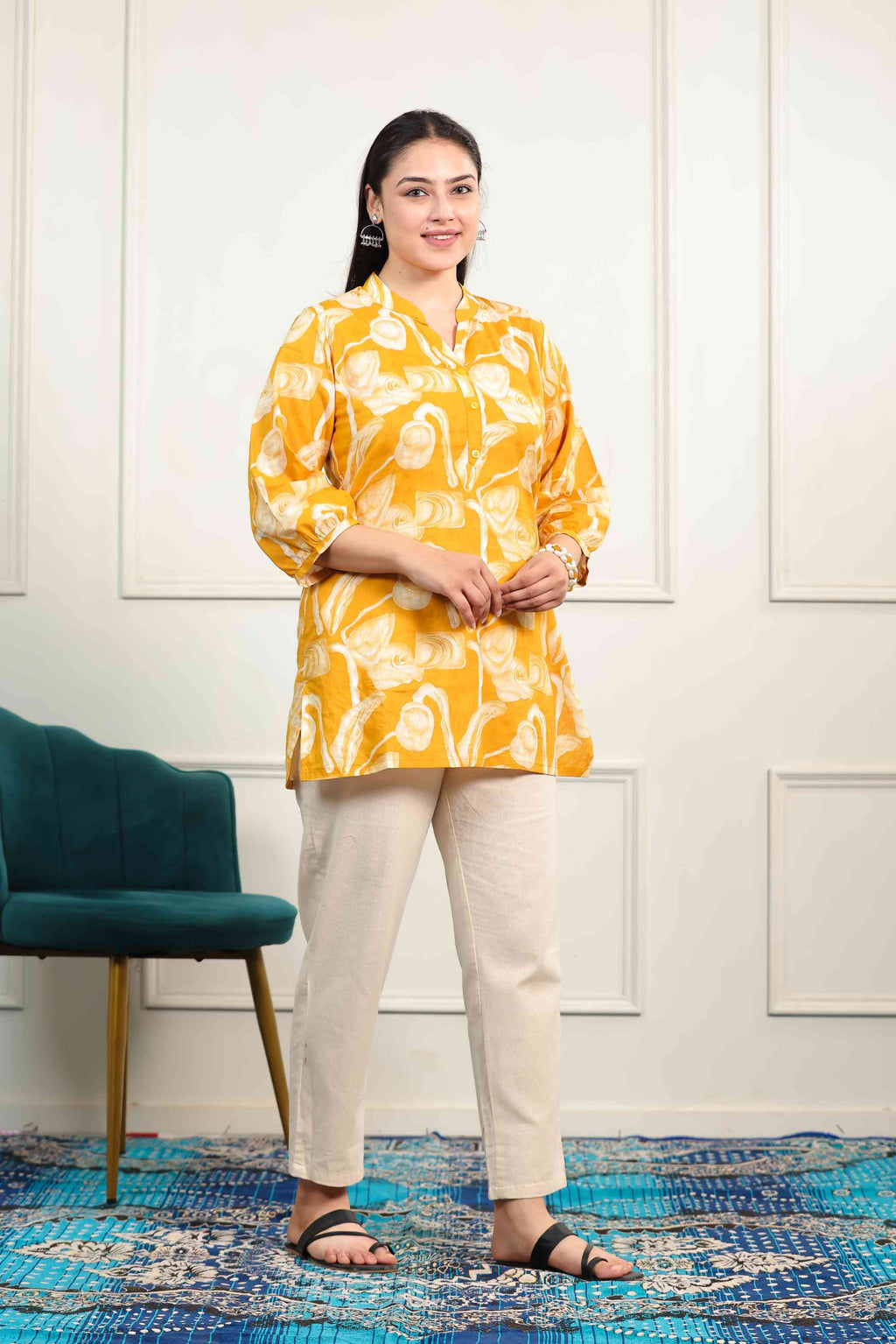 Mustard Yellow Cambric Cotton Printed Top