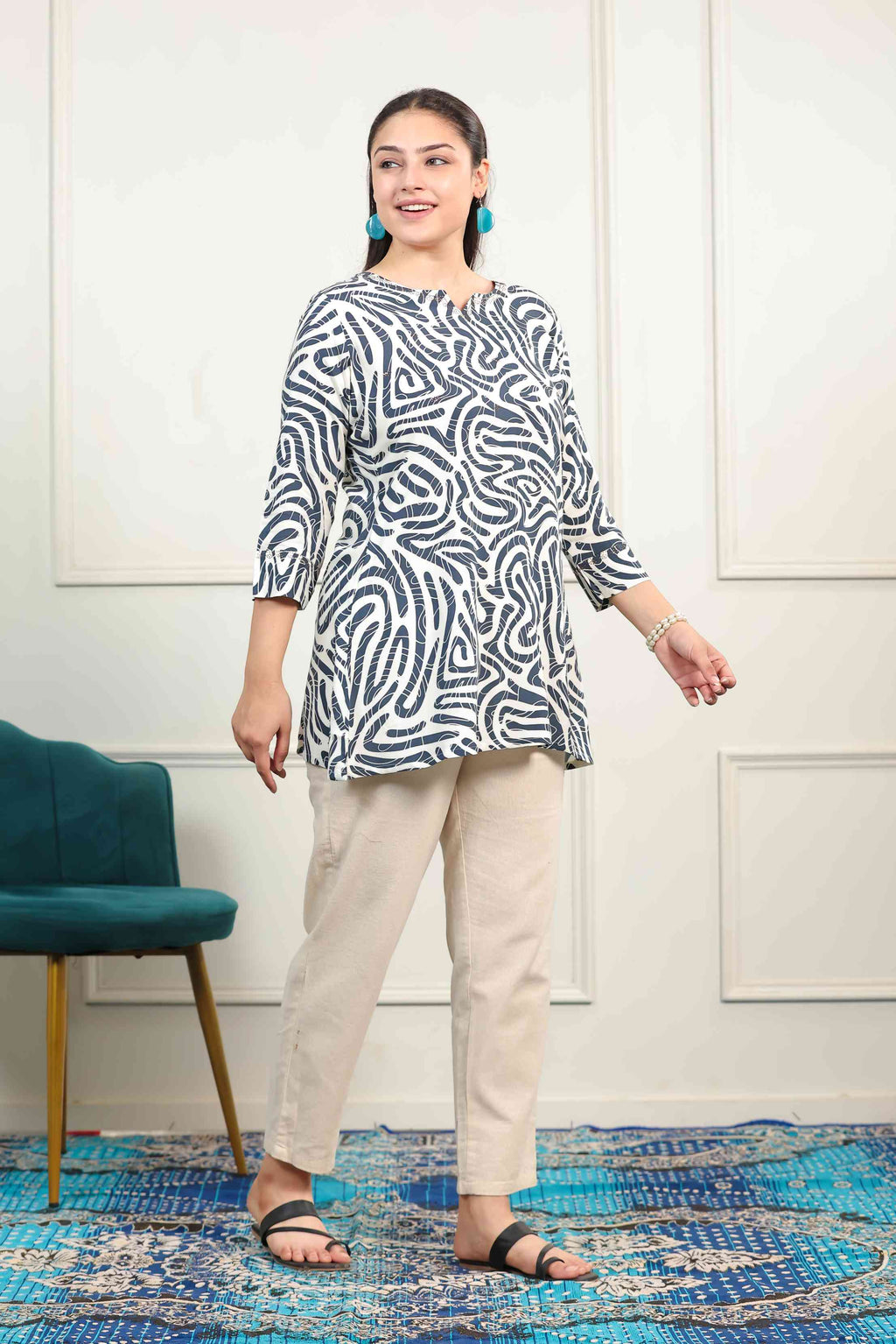 Blue & Off-White Rayon Printed Top