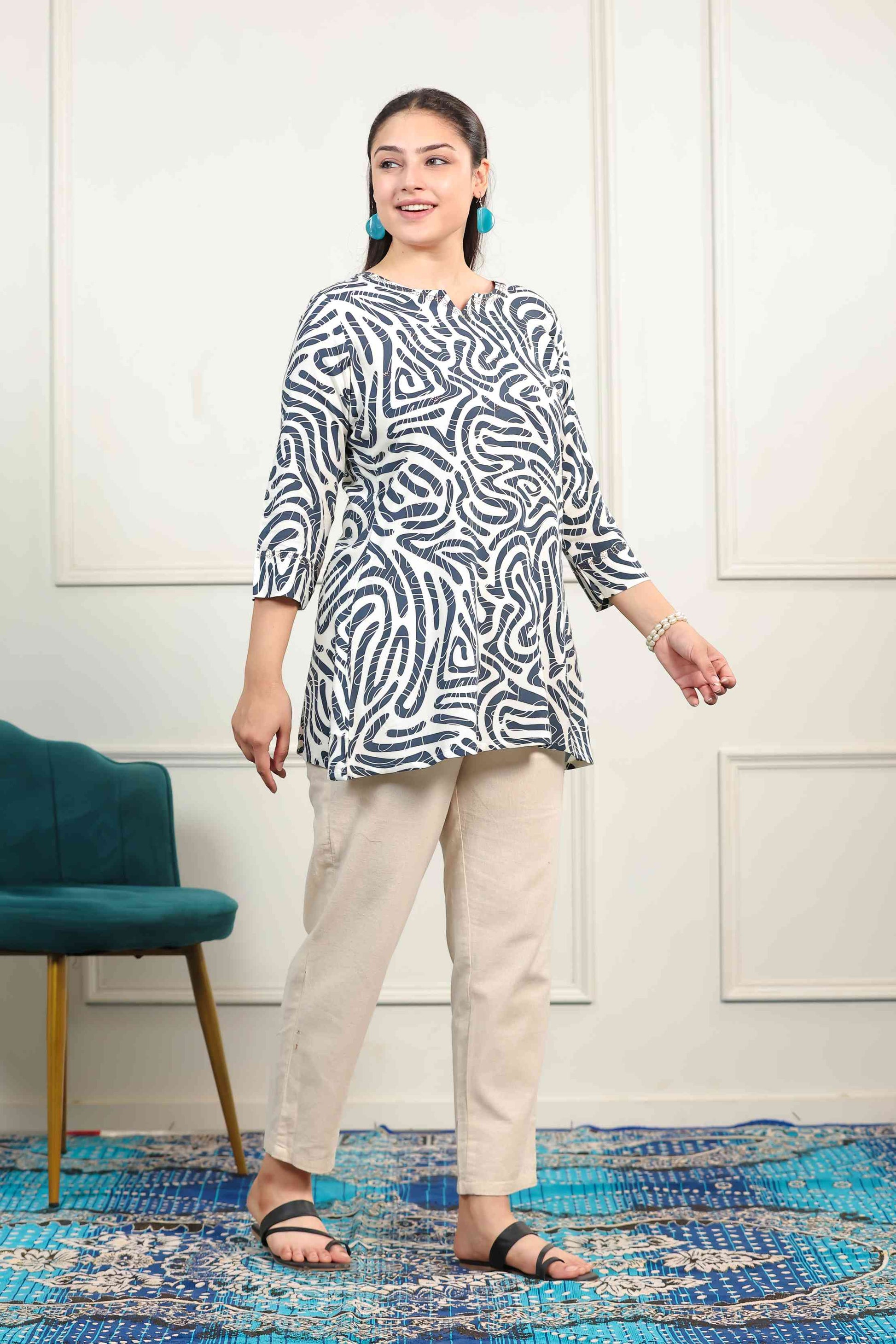 Blue & Off-White Rayon Printed Top