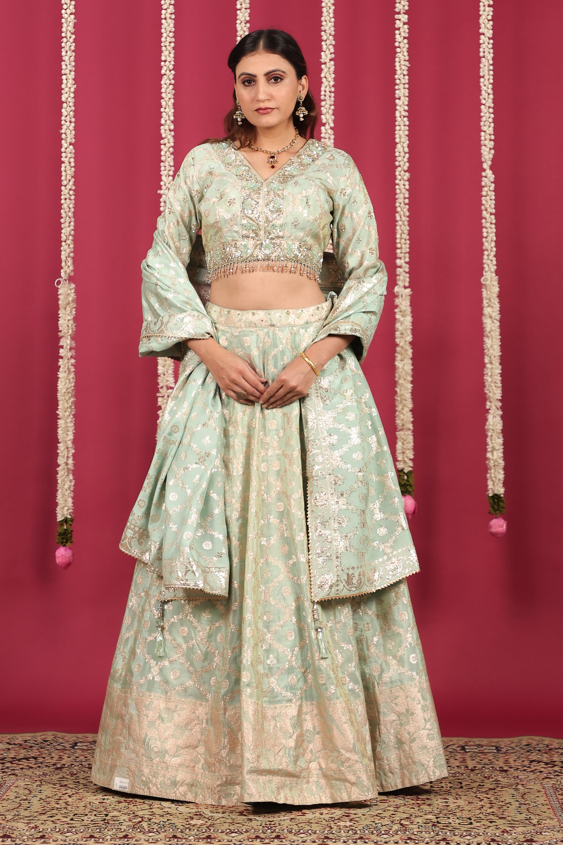 Pista Green Mosh Silk Banarsi Handwork Lehenga with Blouse & Dupatta