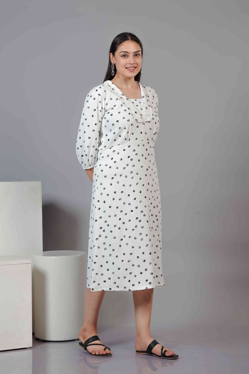 White Lycra with Pearl Handwork & Black Dots Printed Maxi Dress