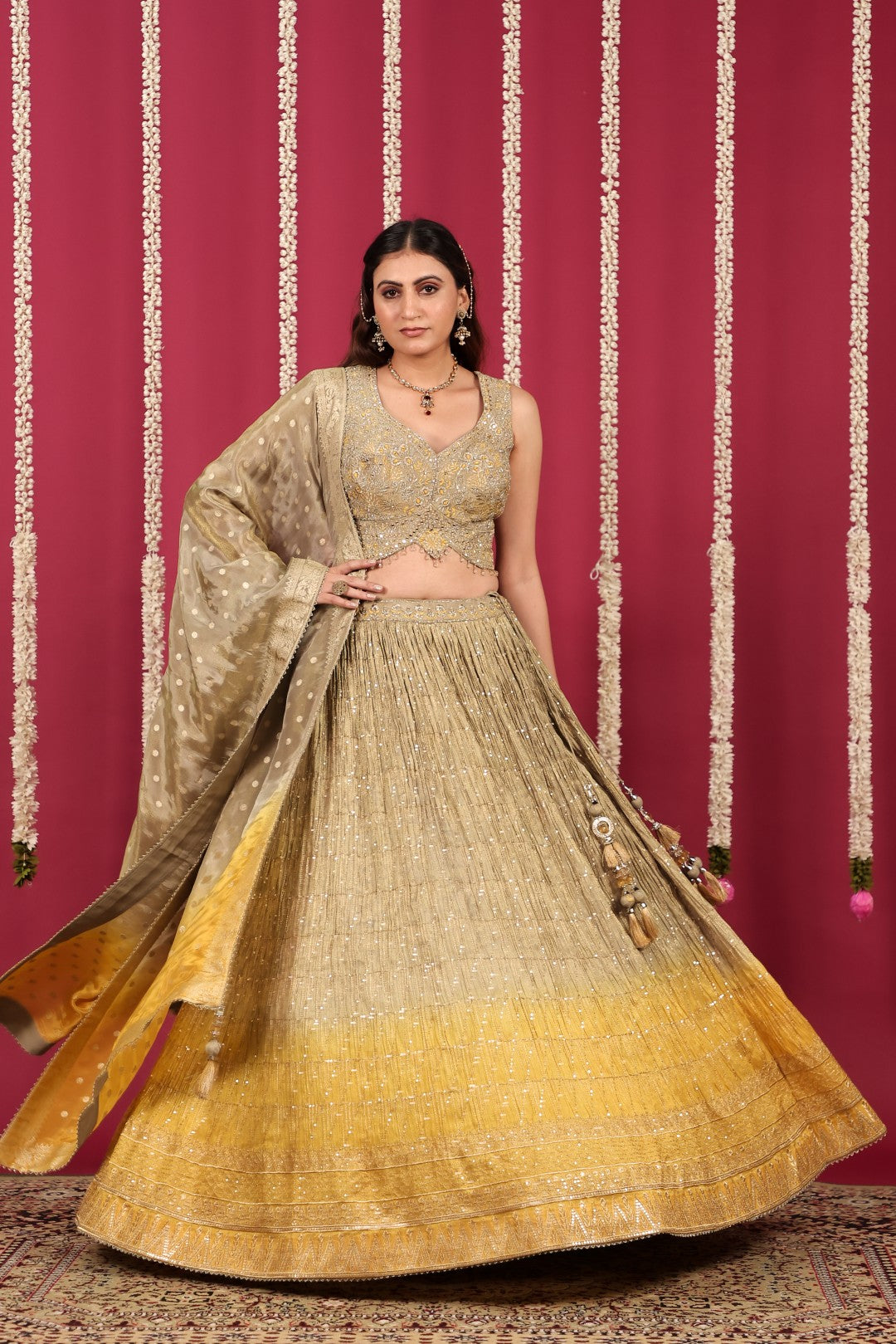 Golden Brown & Yellow Mosh Silk Lehenga with Zari Work with Blouse & Dupatta