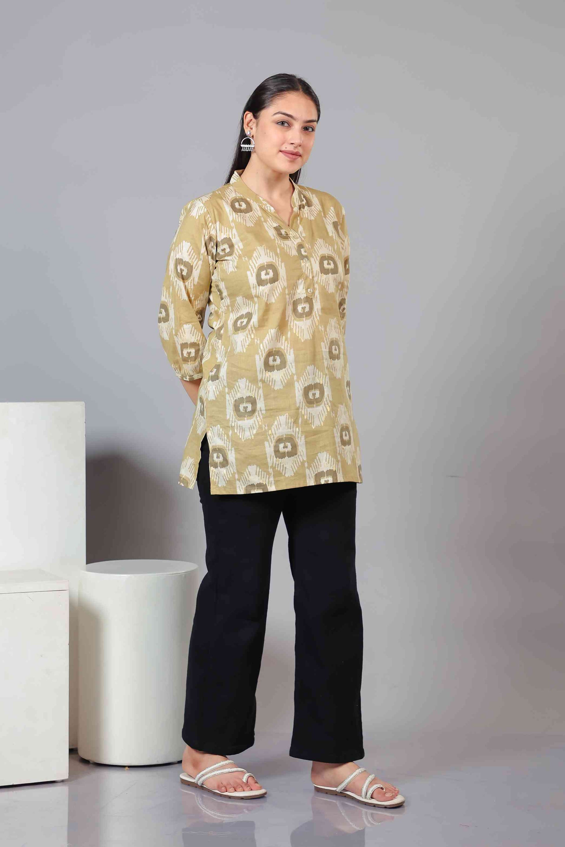 Metallic Gold Brown Cambric Cotton Printed Top