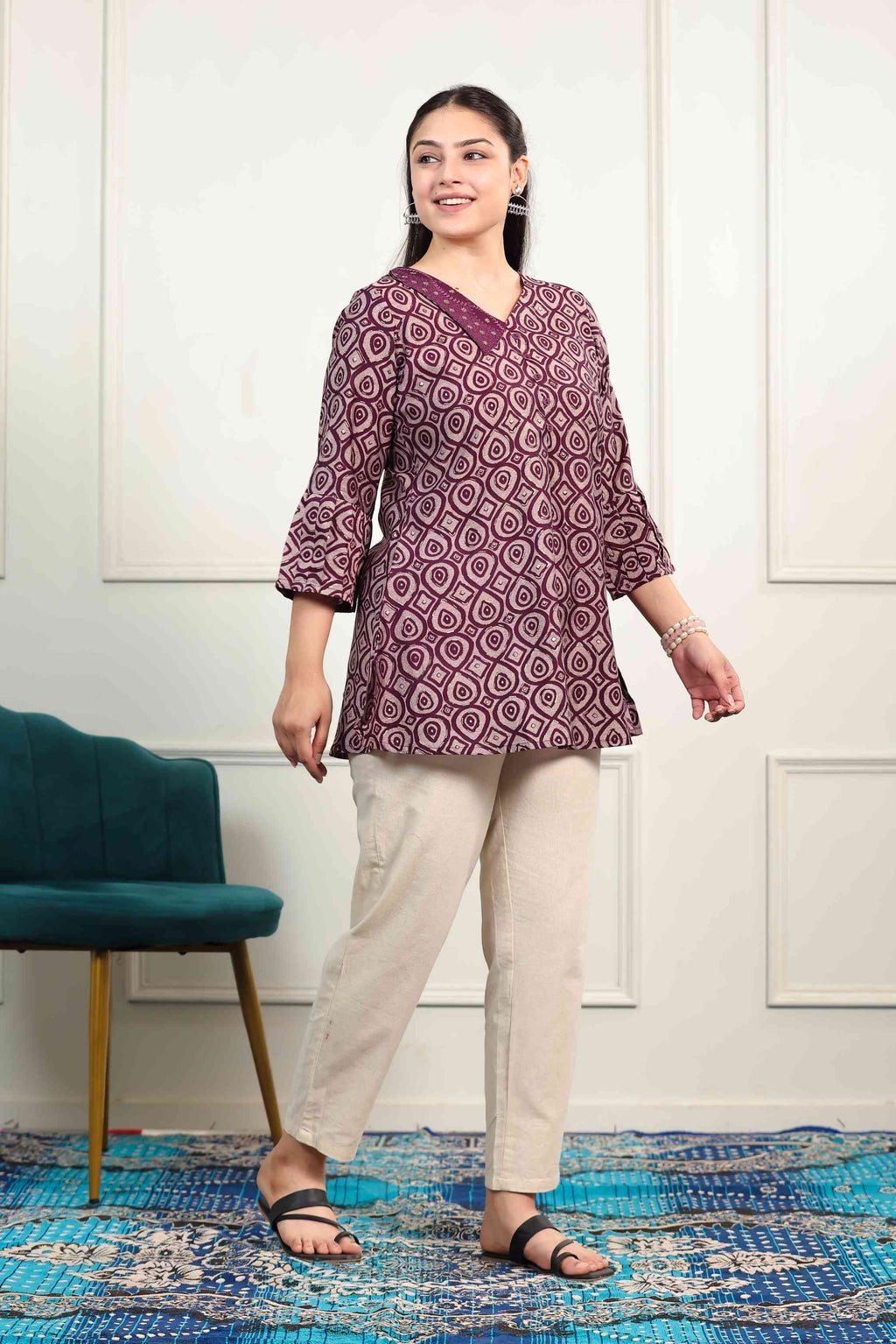 Wine Color Muslin Printed Top