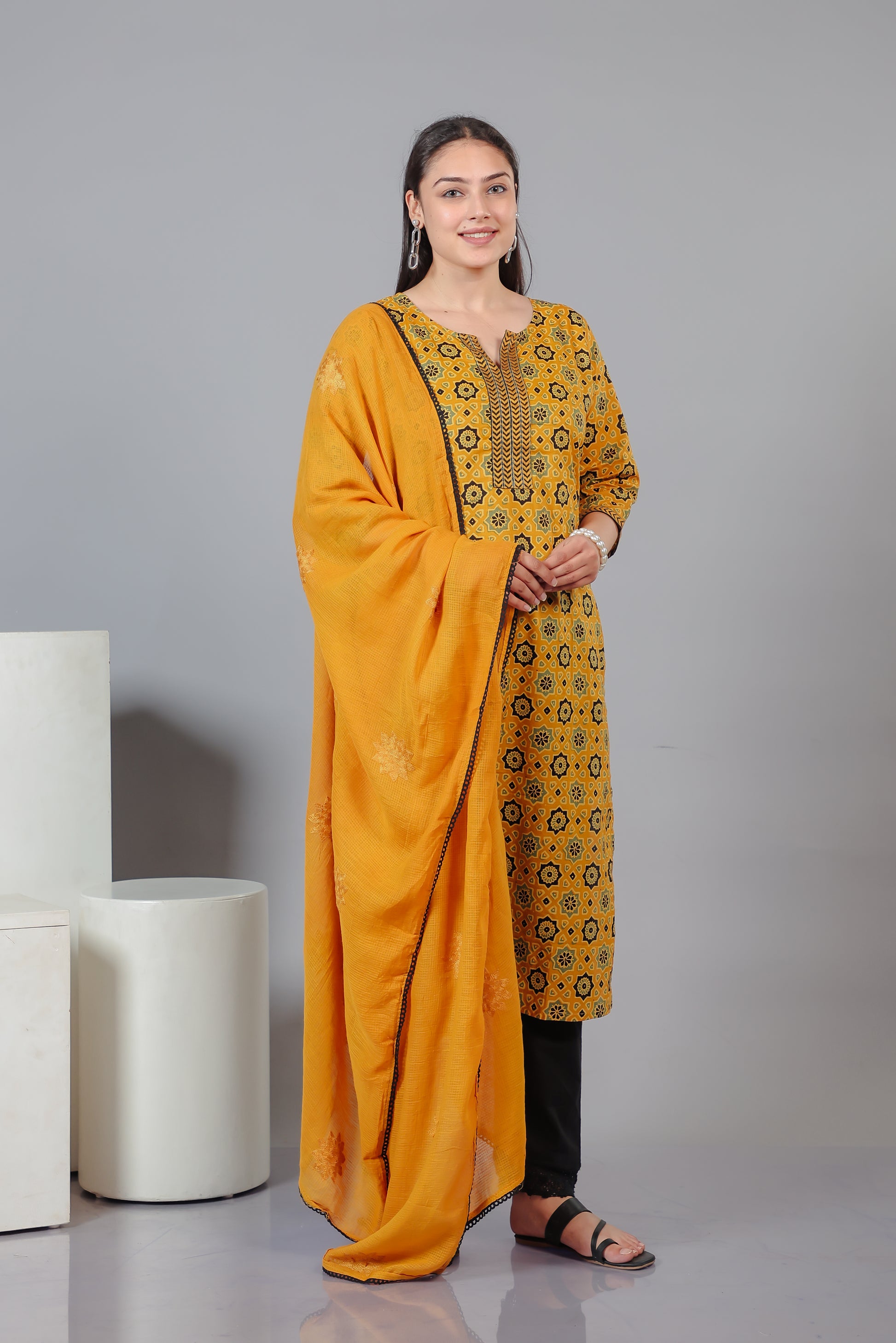 Yellow Cotton Printed Suit with Bottom & Dupatta