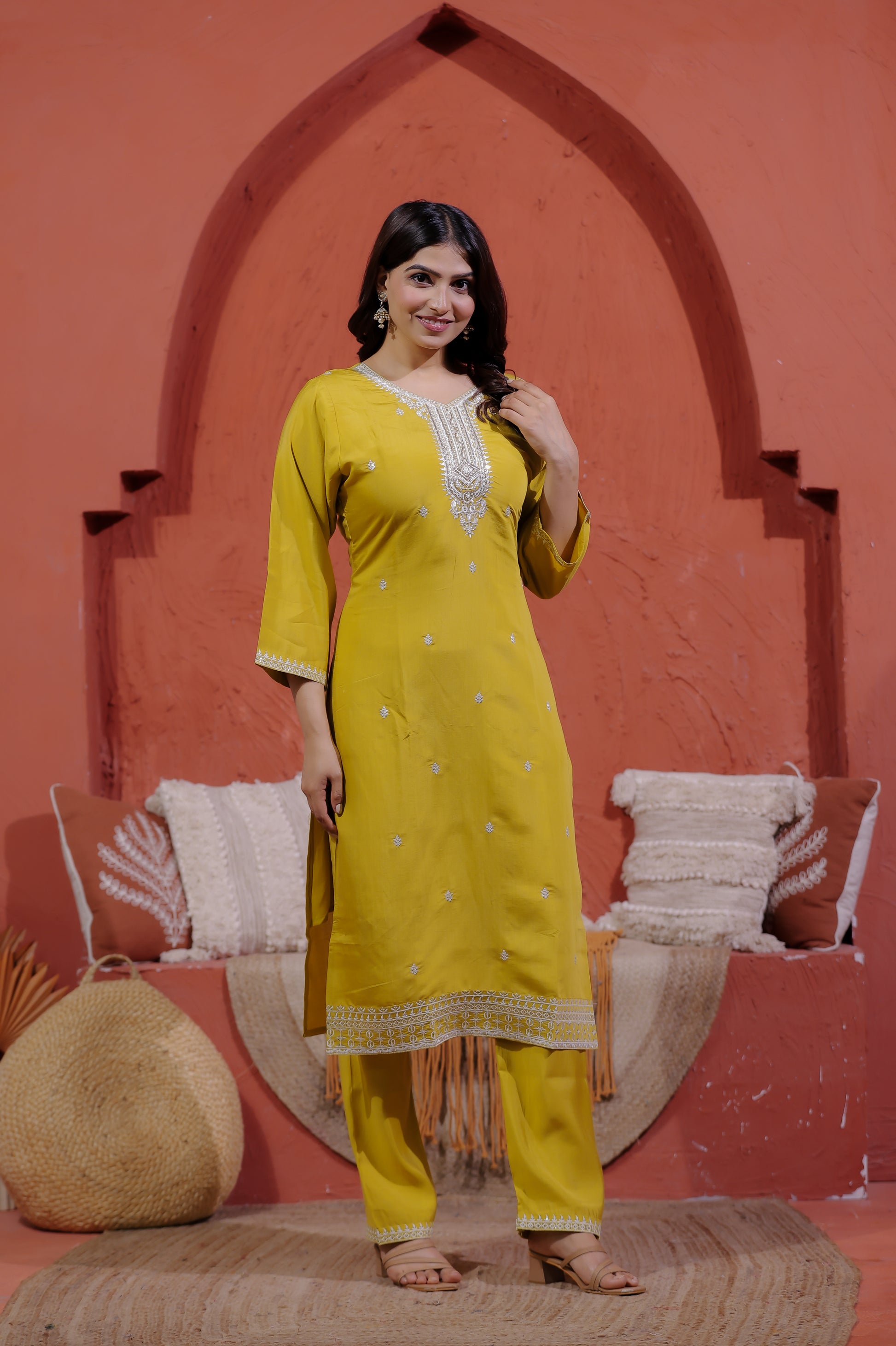 Mustard Yellow Muslin Suit with Thread Work, Straight Pant & Dupatta