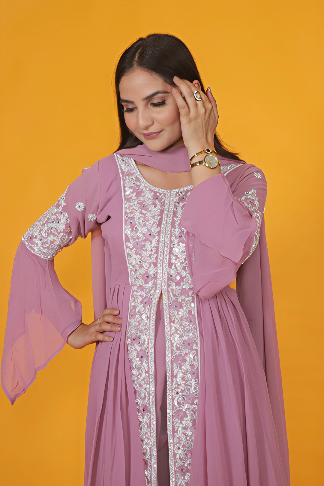 Lavender Georgette Top with Thread Work, Bottom & Dupatta