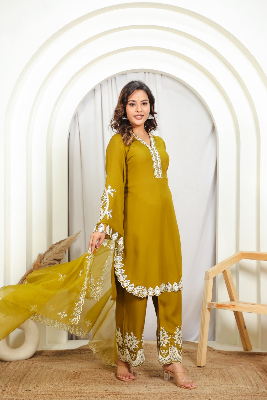 Mehendi Green Rayon Cotton Suit with Thread Work, Palazzo & Dupatta