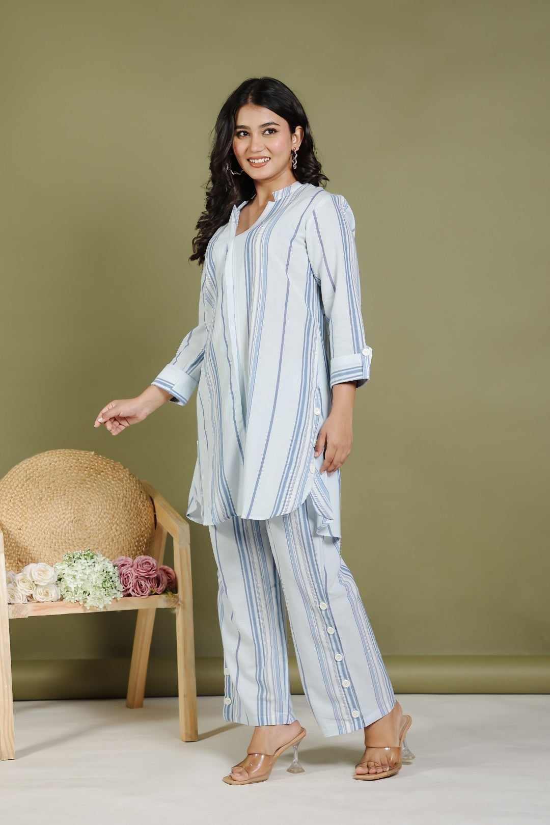 Light Sky Blue Cotton Top with Lining Prints, and Same Pant