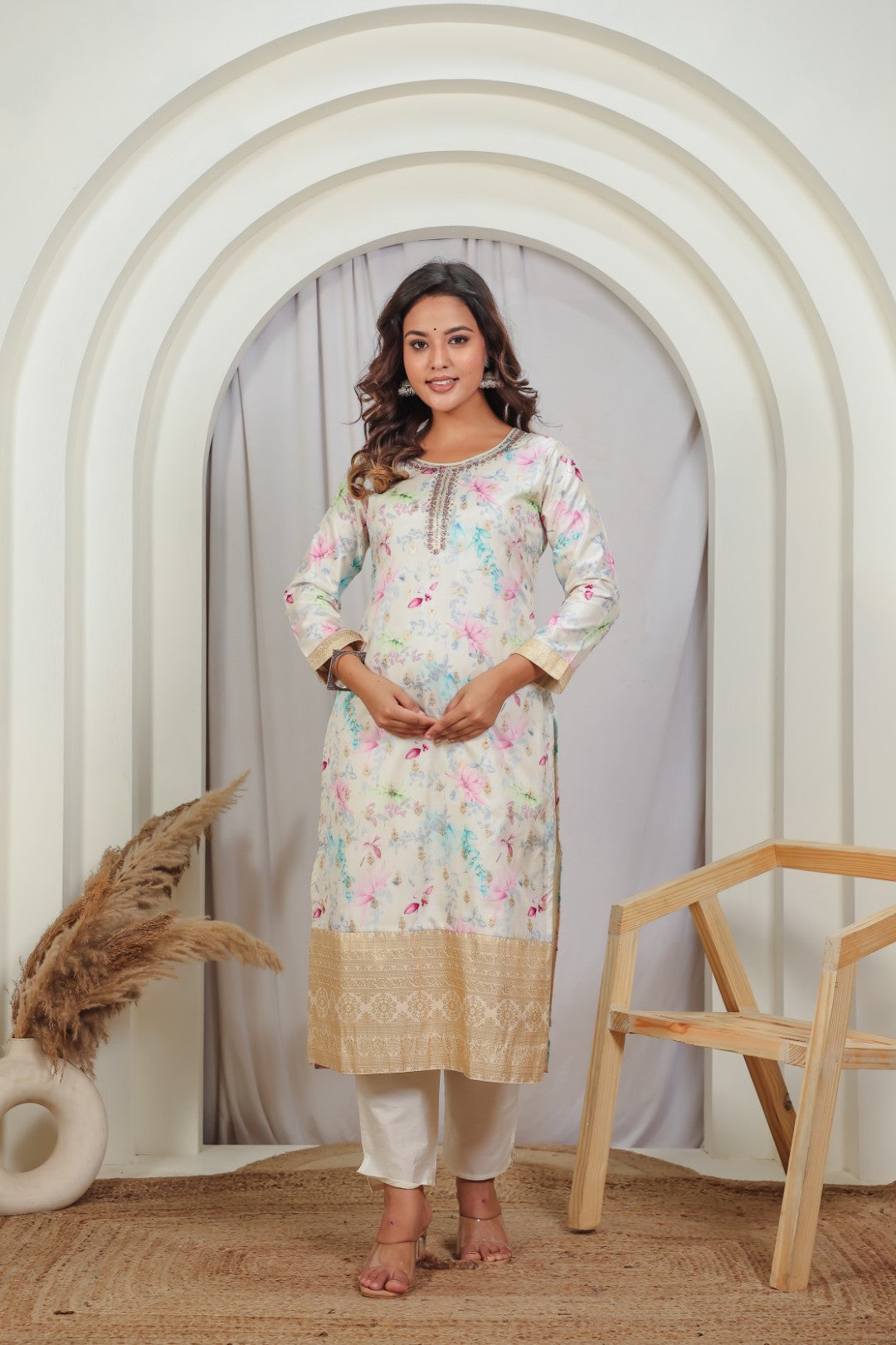 Off White Muslin Silk Suit with Colorful Floral Print, Pant & Dupatta