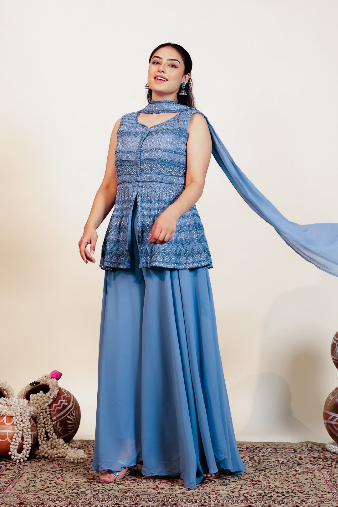 Grey Georgette Peplum Top with Zari Work, Sharara & Choker Style Dupatta