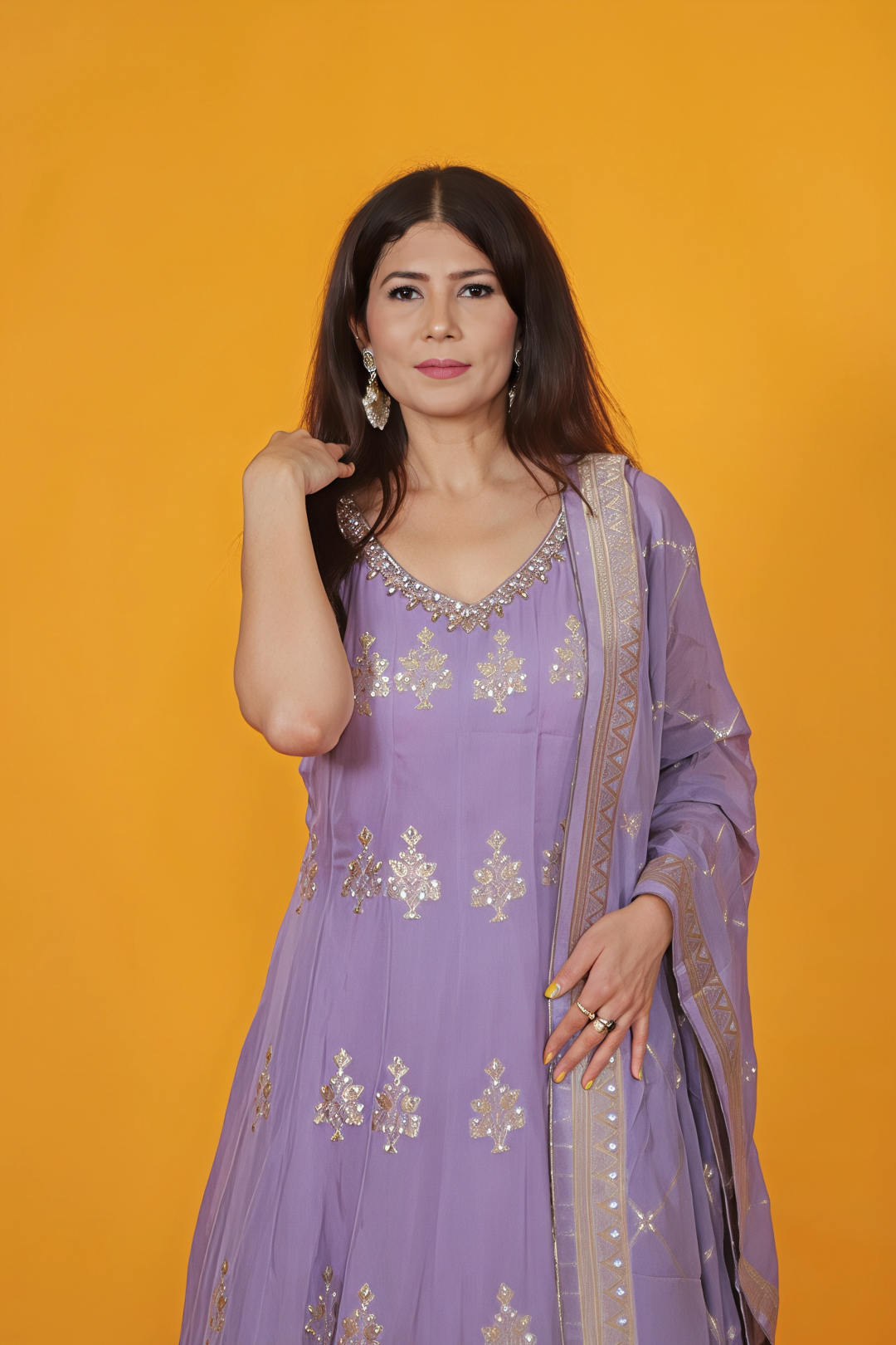 Lavender HO Silk Top with Banarsi Butti Handwork, Palazzo & Dupatta