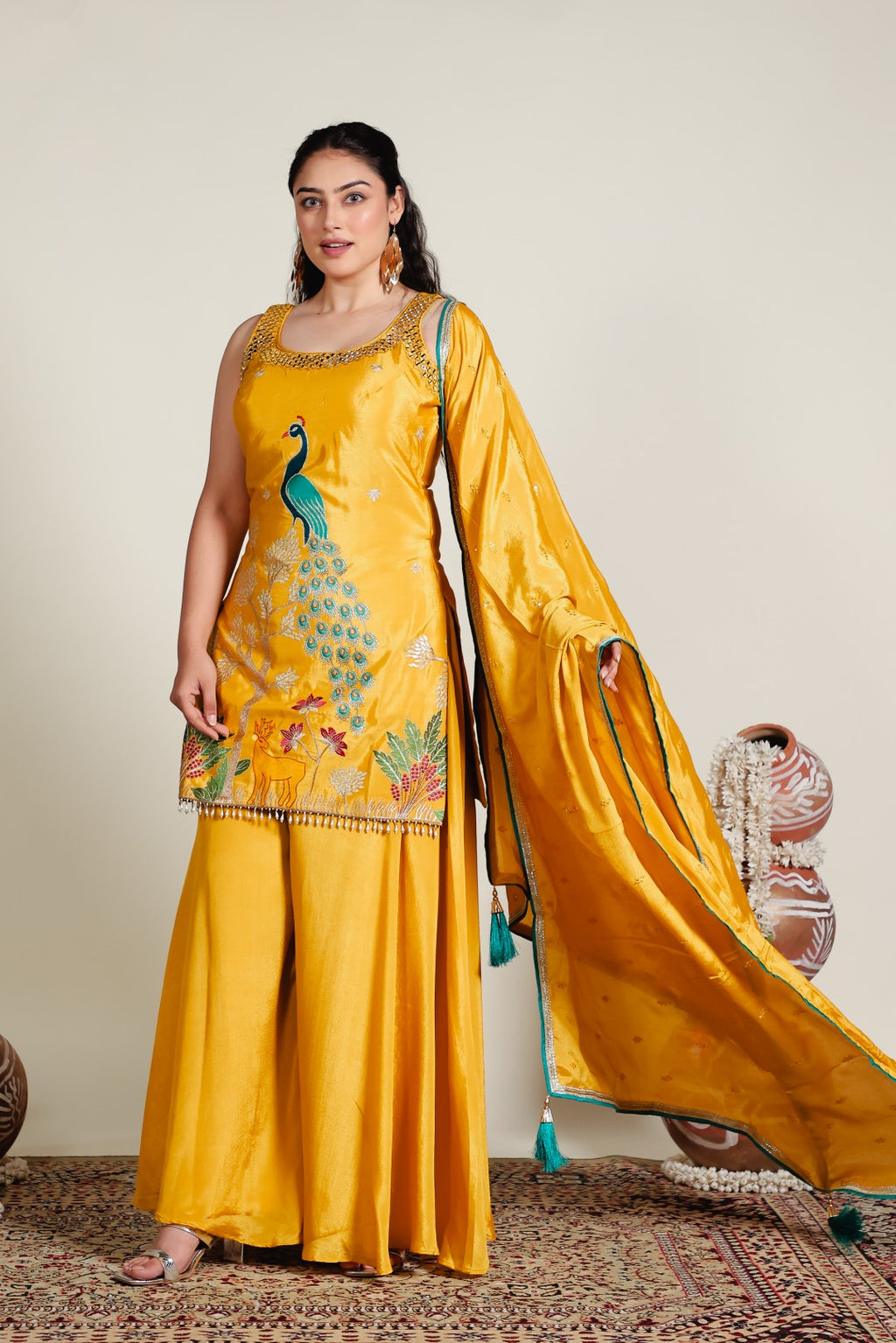 Mustard Yellow Chinon Suit with Peacock Zari Work, Sharara & Dupatta