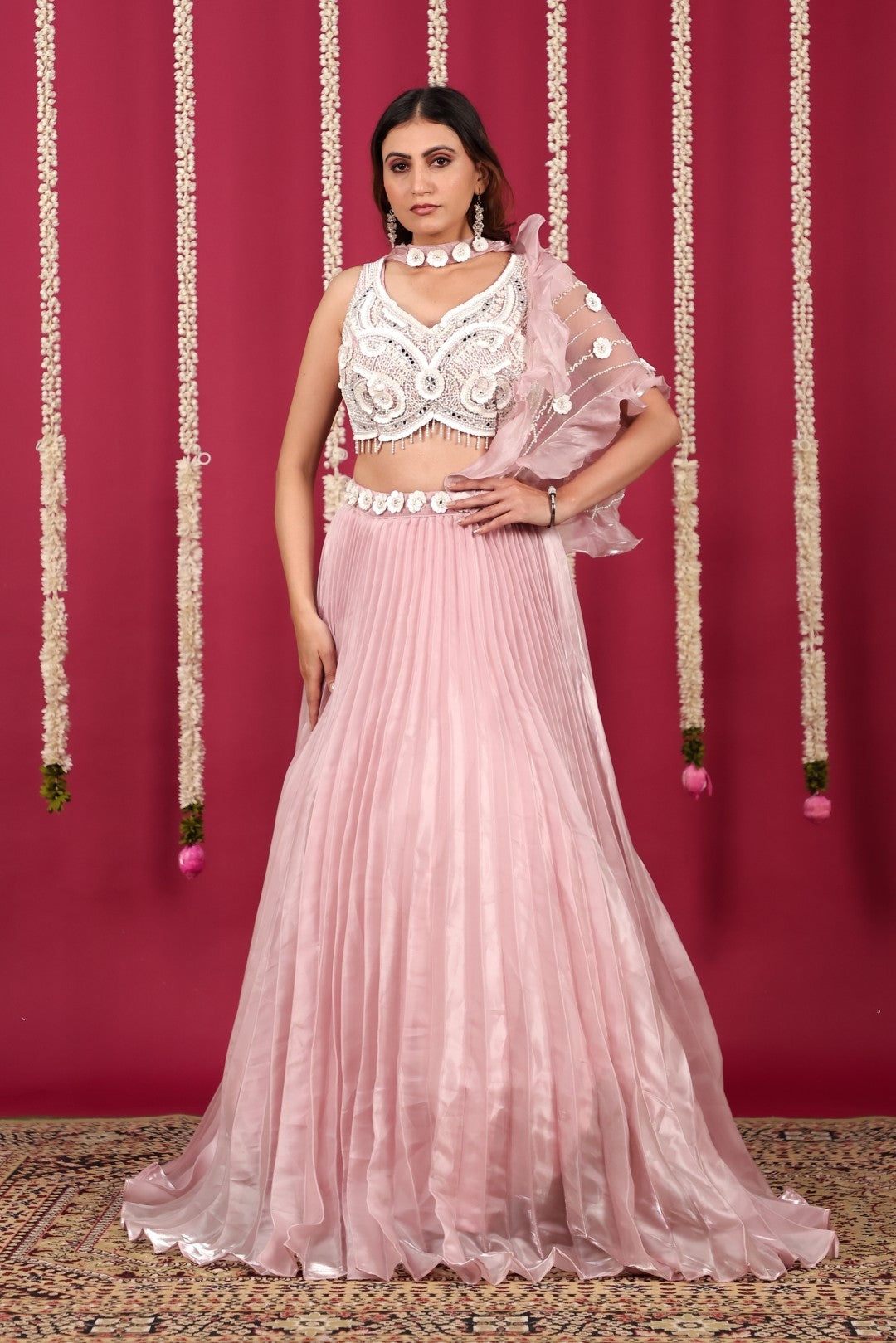 Baby Pink Burberry Net Lehenga with Pearl & CP Handwork Blouse & Attached Dupatta